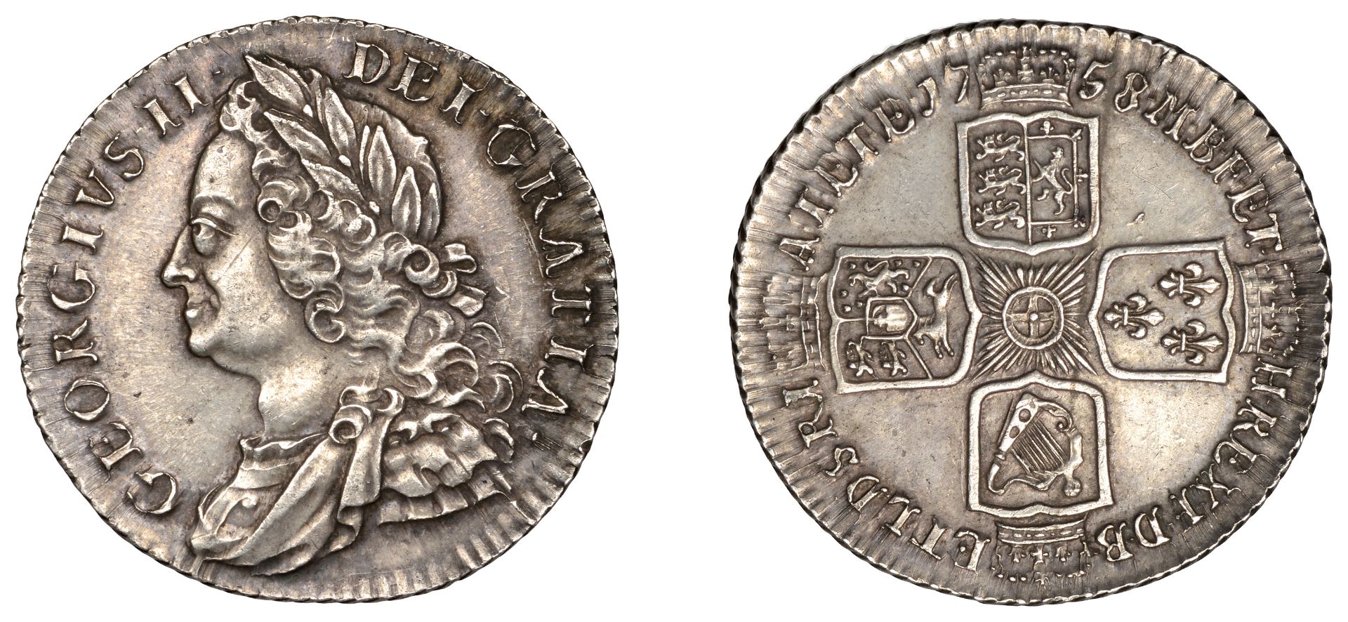 George II (1727-1760), Shilling, 1758 (ESC 1734; S 3704). About extremely fine Â£120-Â£150