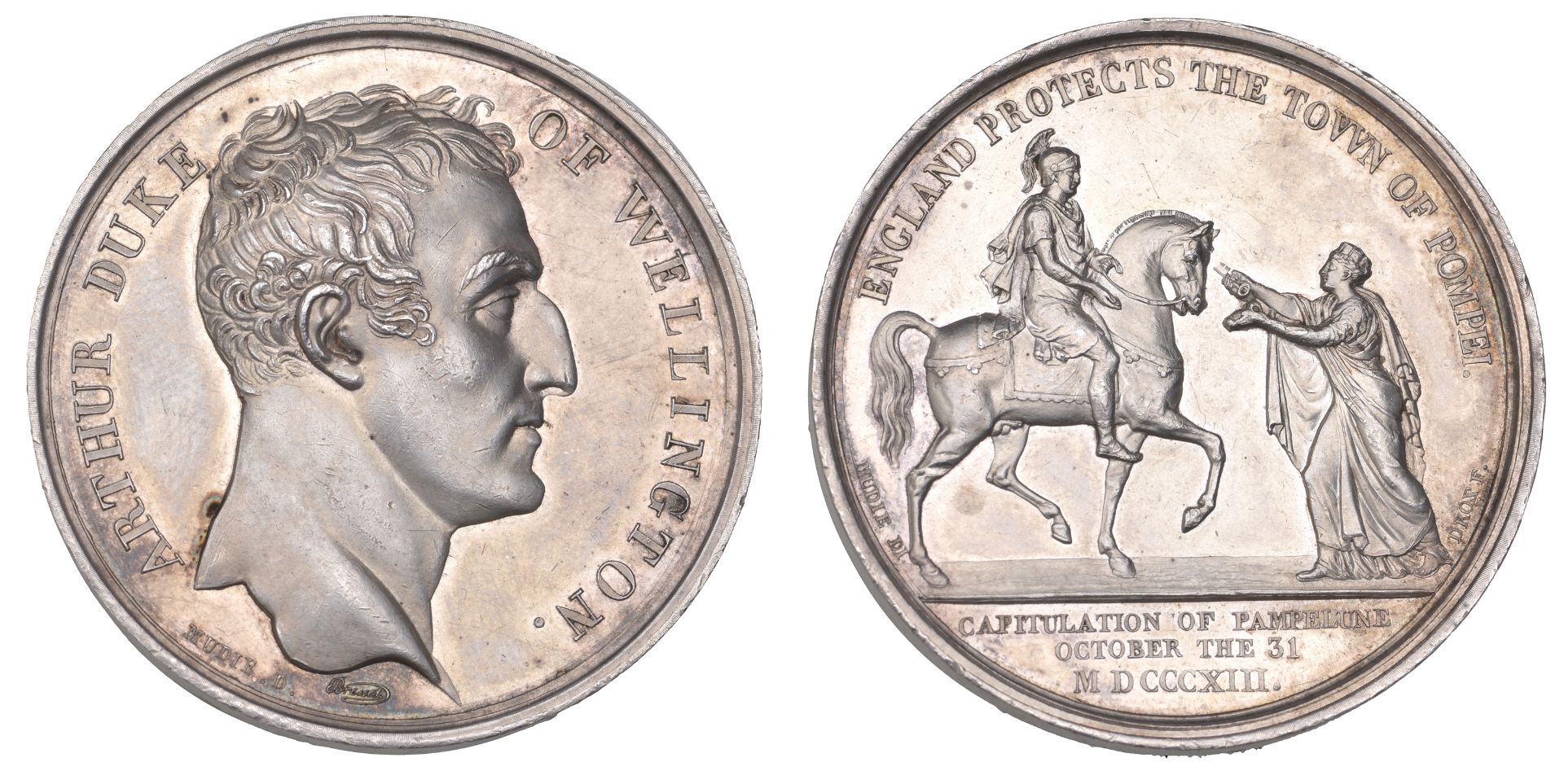 Surrender of Pamplona, 1813, a silver medal by Brenet & Droz for Mudie, bare head right, rev...