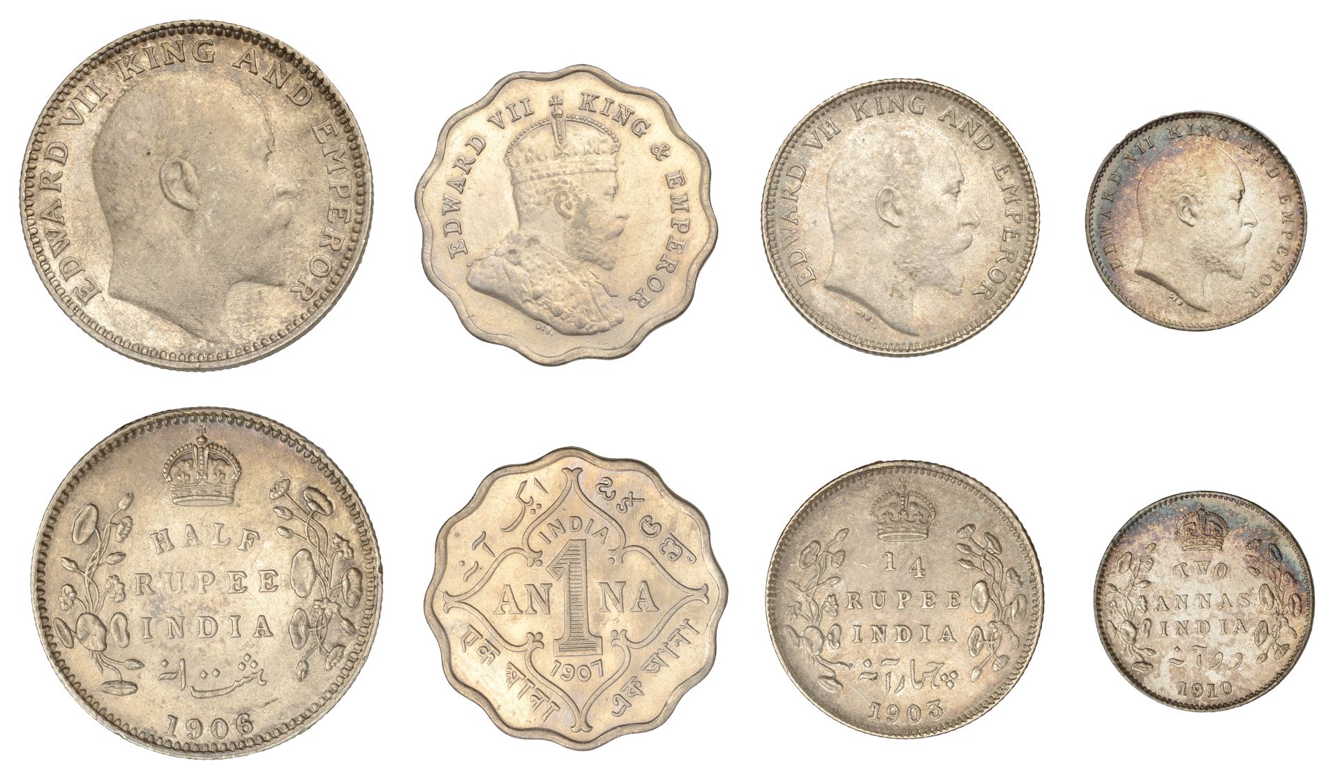 India, Edward VII, Half-Rupee, 1906, Quarter-Rupee, 1903, 2 Annas, 1910, all Calcutta, Anna,...