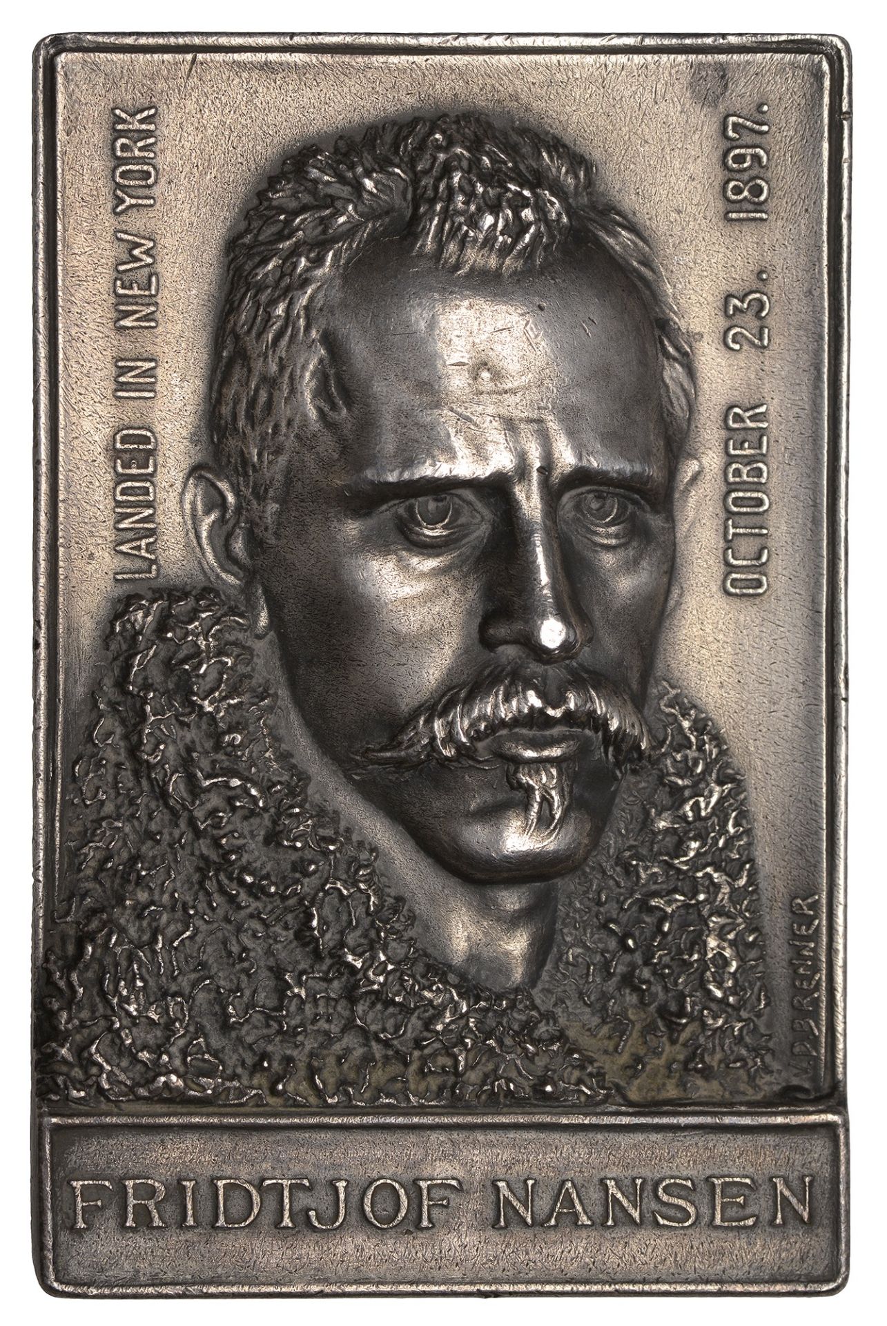 USA, Arrival of Fridtjof Nansen in New York, 1897, a uniface silver plaque by V.D. Brenner,...