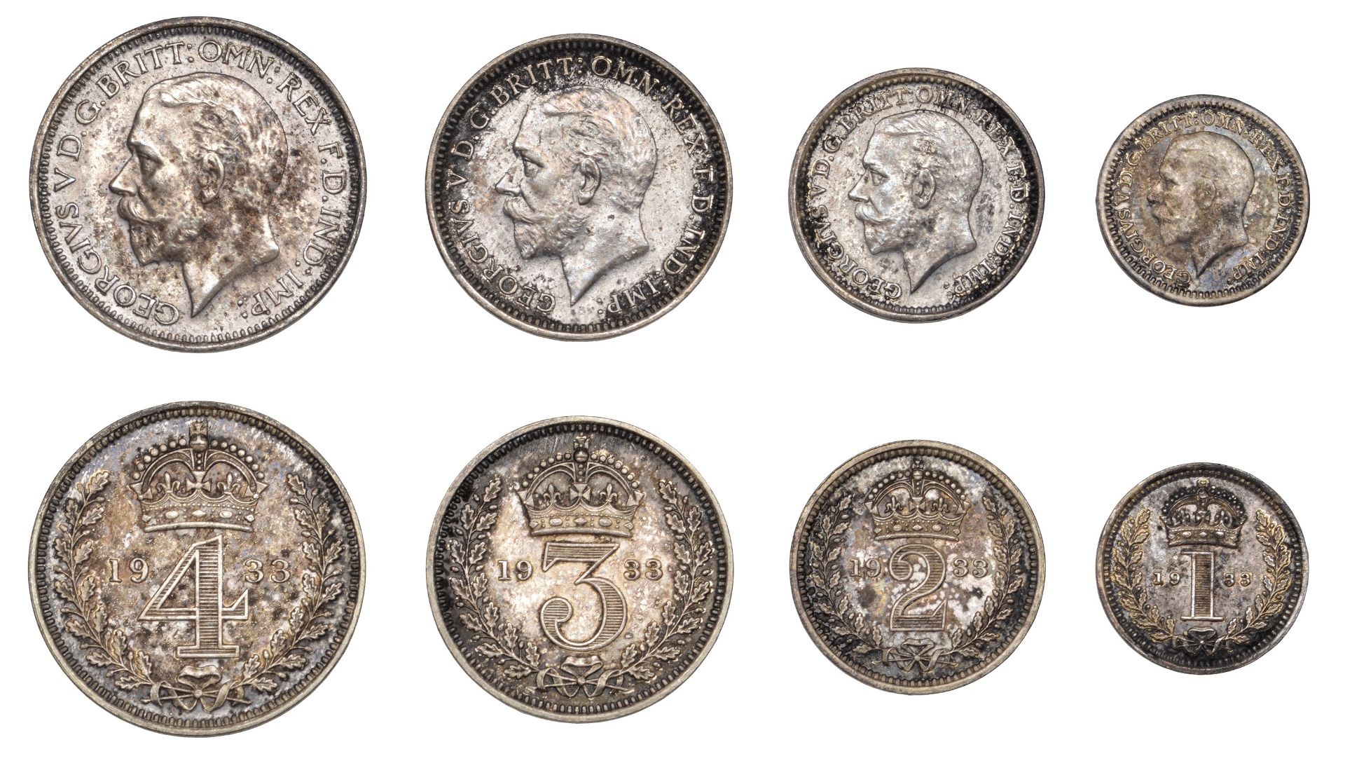 George V (1910-1936), Maundy set, 1933 (ESC 3994; S 4043) [4]. Surface spotting, extremely f...