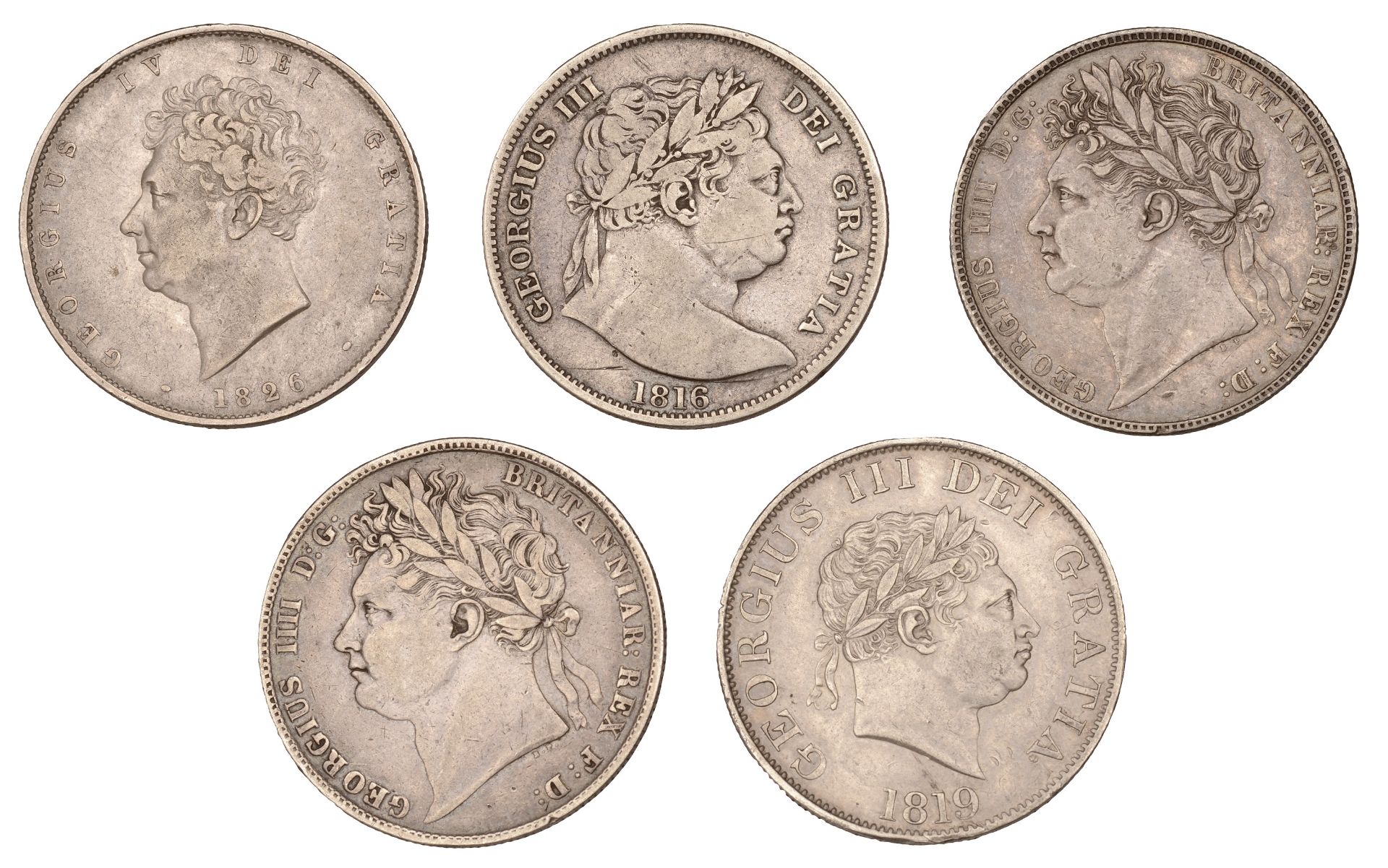 George III, Halfcrowns (2), 1816, 1819 (S 3788-9); George IV, Halfcrowns (3), 1820, 1823, 18...