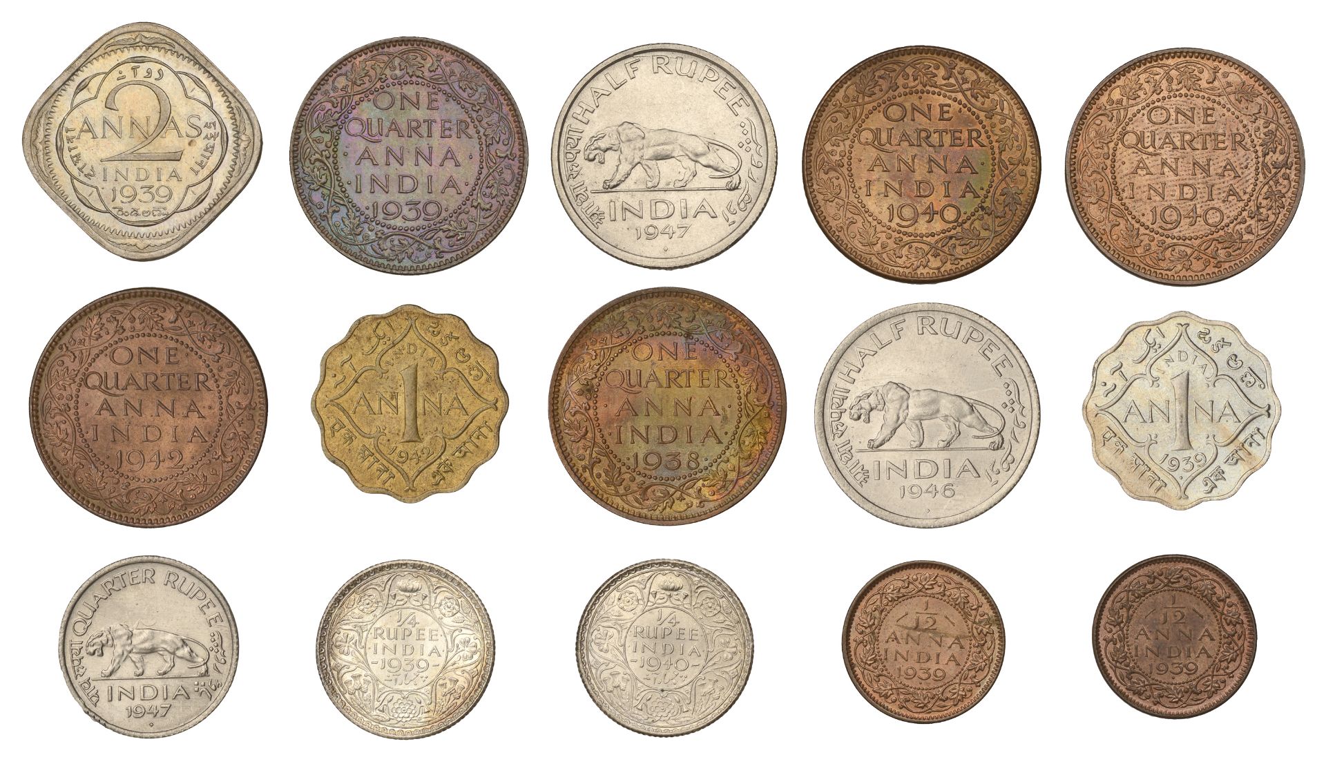 India, George VI, Half-Rupees (2), 1946, 1947, both Bombay; Quarter-Rupees (3), 1939 Bombay,... - Bild 2 aus 2