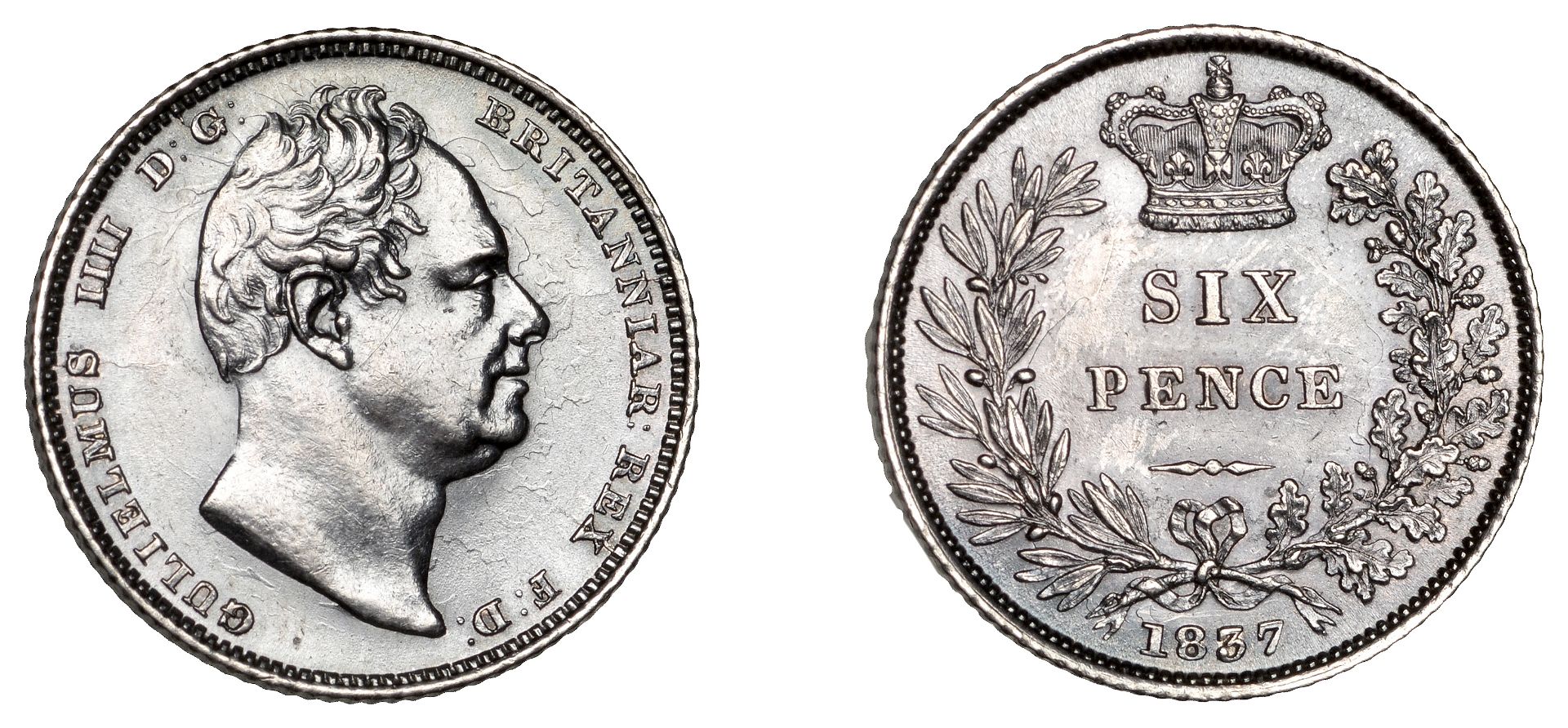 William IV (1830-1837), Sixpence, 1837, b of britanniar over r (ESC â€“; S 3836). Good very fi...