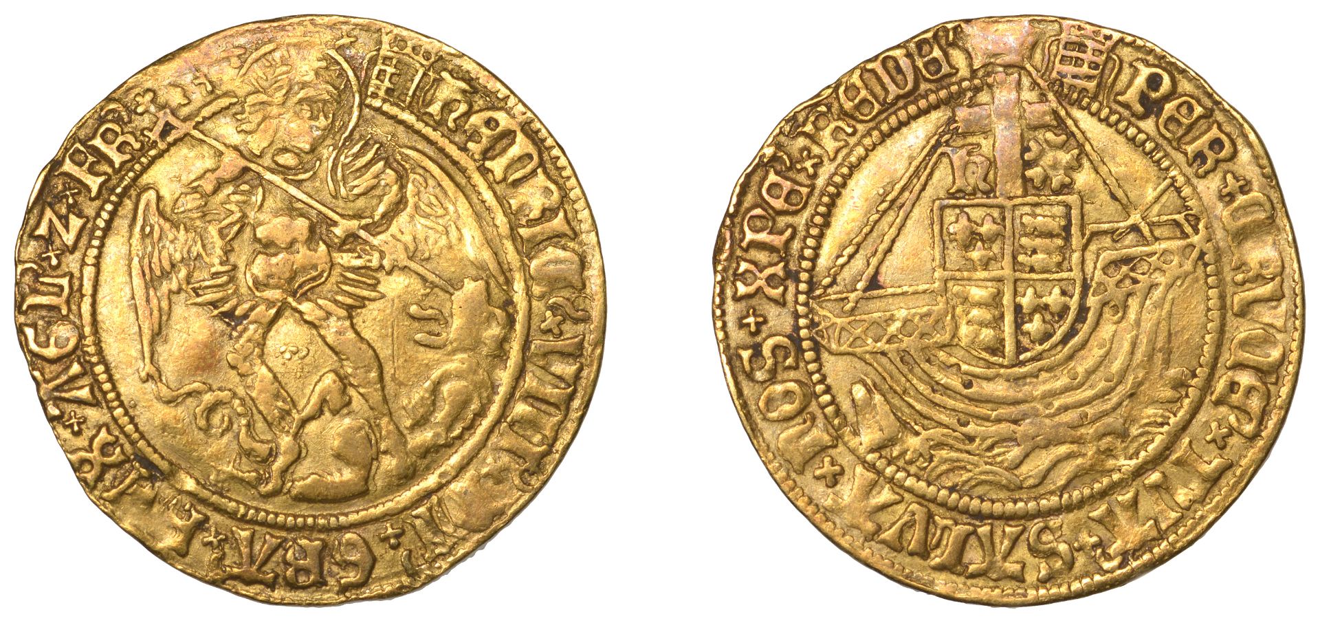 Henry VIII (1509-1547), First coinage, Angel, mm. crowned portcullis (with chains), saltire...