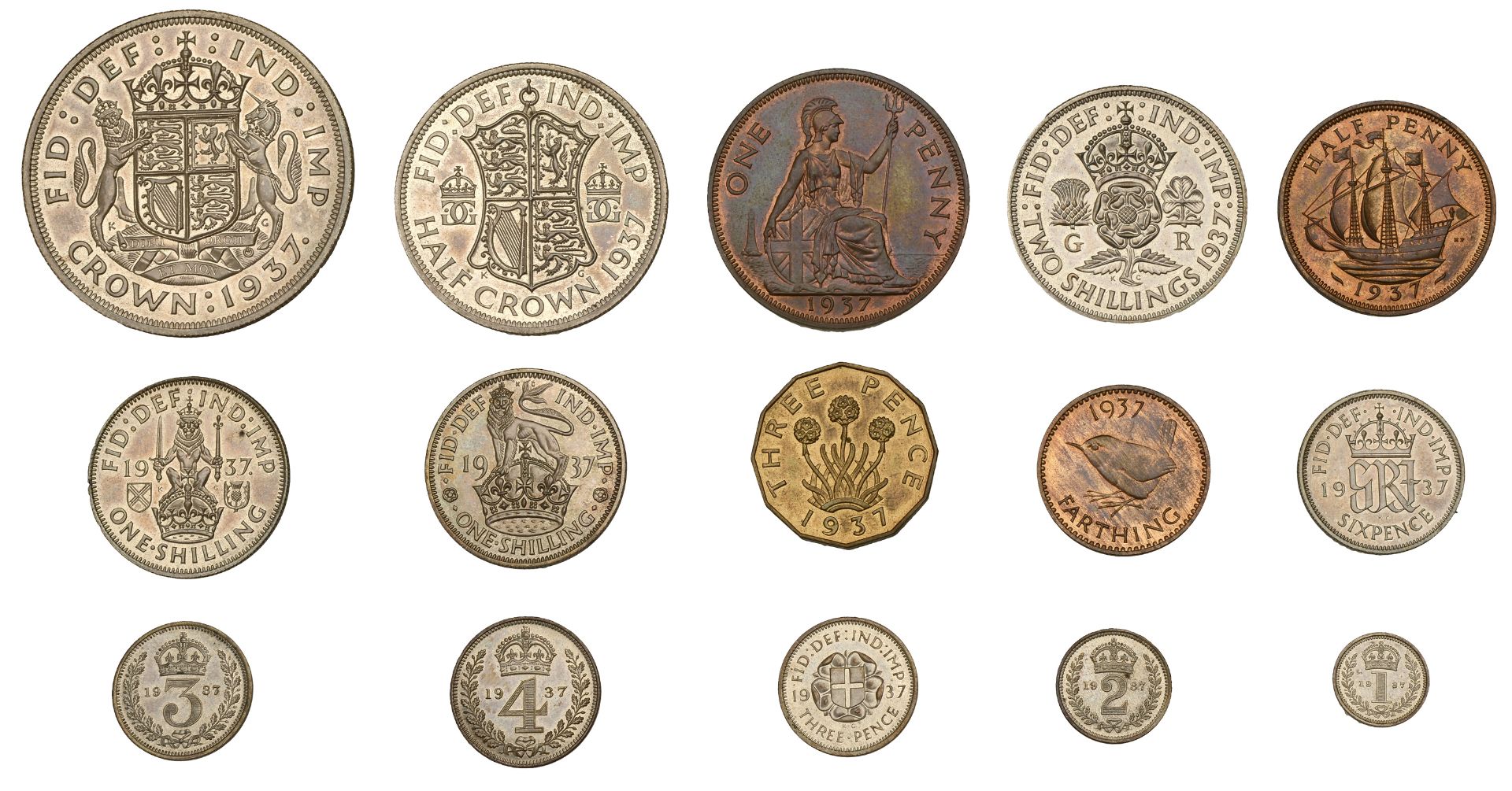 George VI (1936-1952), Proof set, 1937, comprising Crown to Farthing [15]. Some light tarnis... - Image 2 of 2