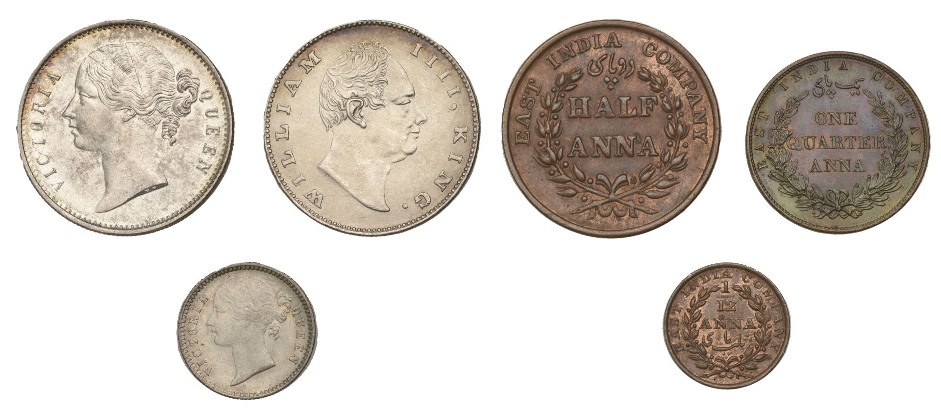 India, EIC, William IV, Rupee, 1835 Calcutta, C/II, Half-Anna, 1835 Bombay, C/III, Twelfth-A...