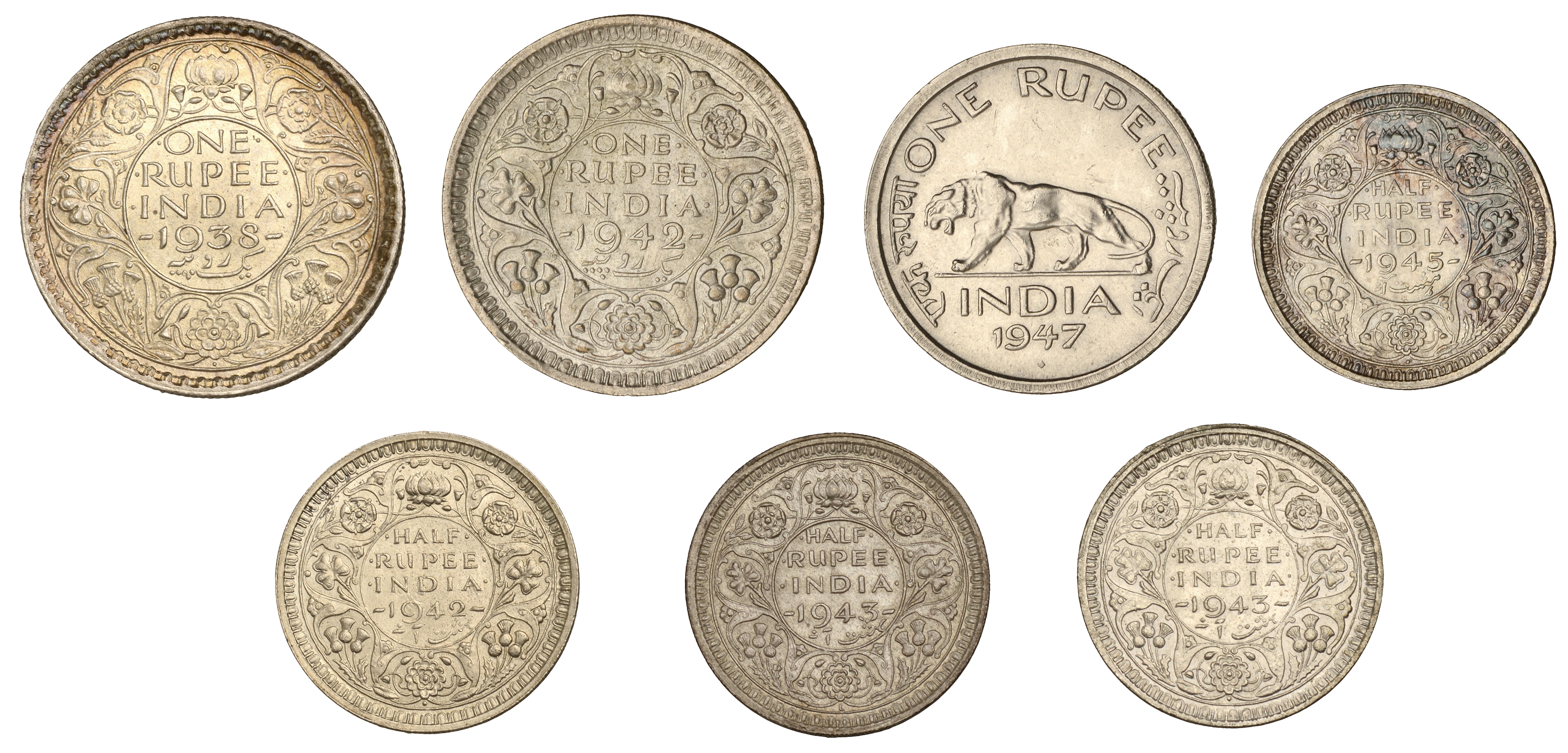 India, George VI, Rupees (3), 1938 Bombay bead, B/I, 1942, 1947, both Bombay; Half-Rupees (4... - Image 2 of 2