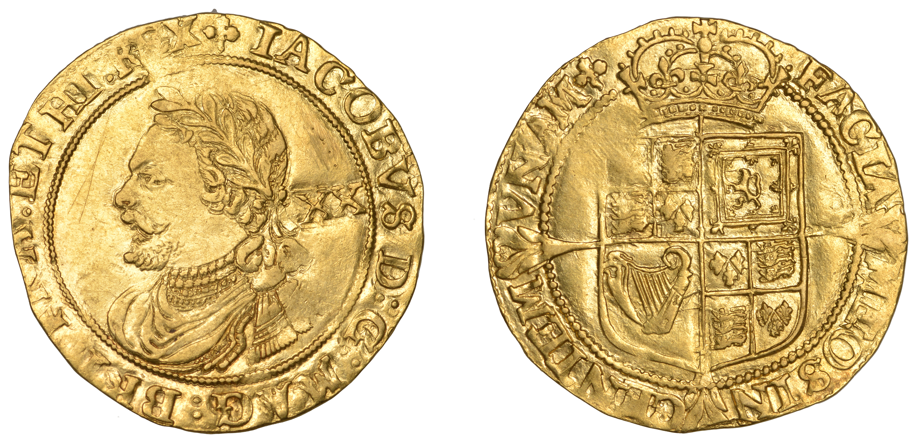 James I (1603-1625), Third coinage, Laurel, mm. trefoil [1624], iacobvs d: g: mag: bri: fra:...