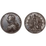 George III, Accession, 1760, a copper medal, unsigned [by T. Pingo], armoured and draped bus...