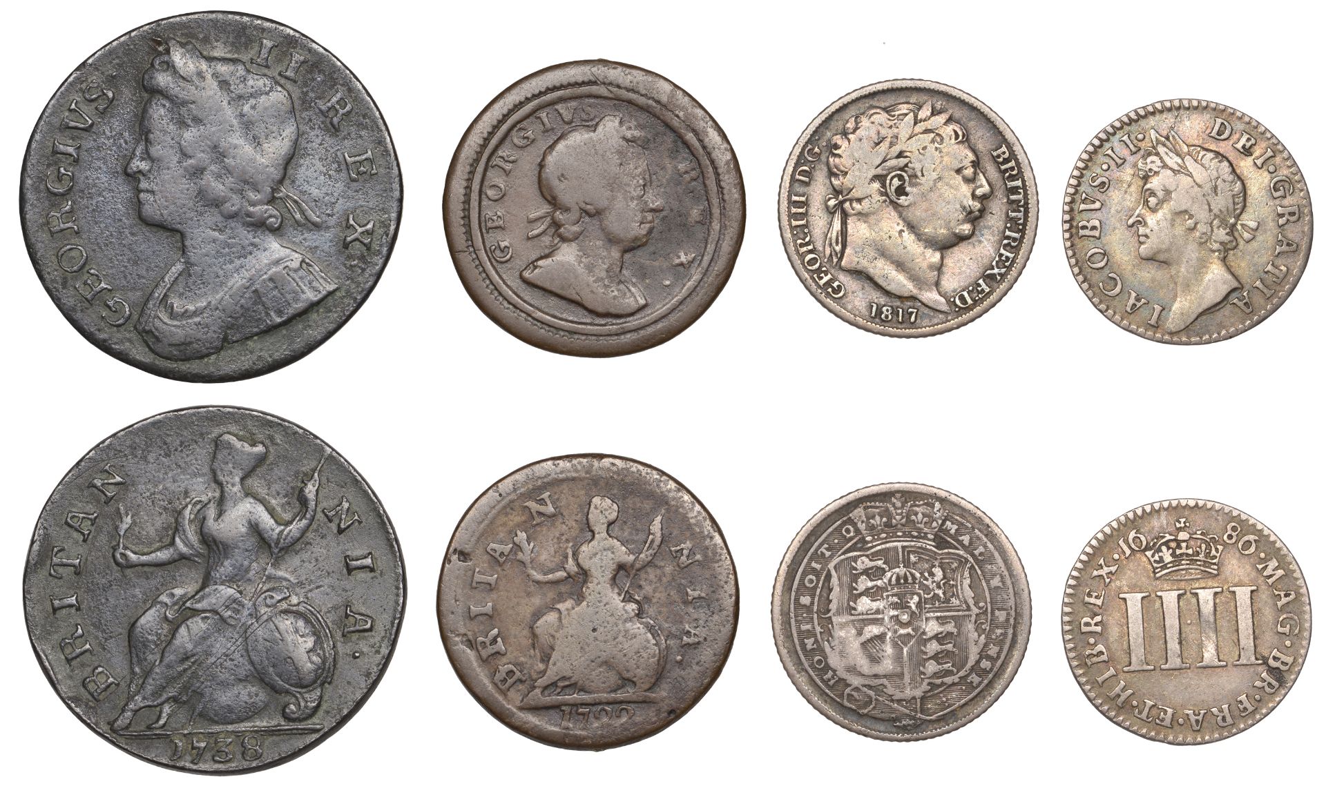 James II, Maundy Fourpence, 1686 (S 3414); George I, Farthing, 1722 (S 3662); George II, Hal...