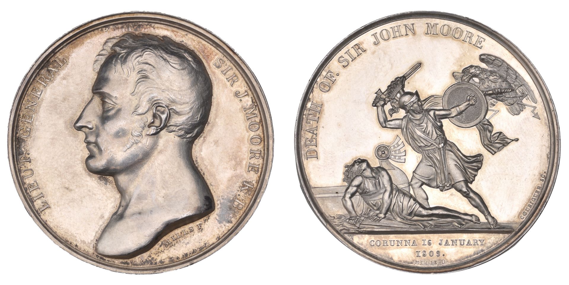 Death of Sir John Moore, 1809, a silver medal by Mills & Couriguer for Mudie, bare head left...