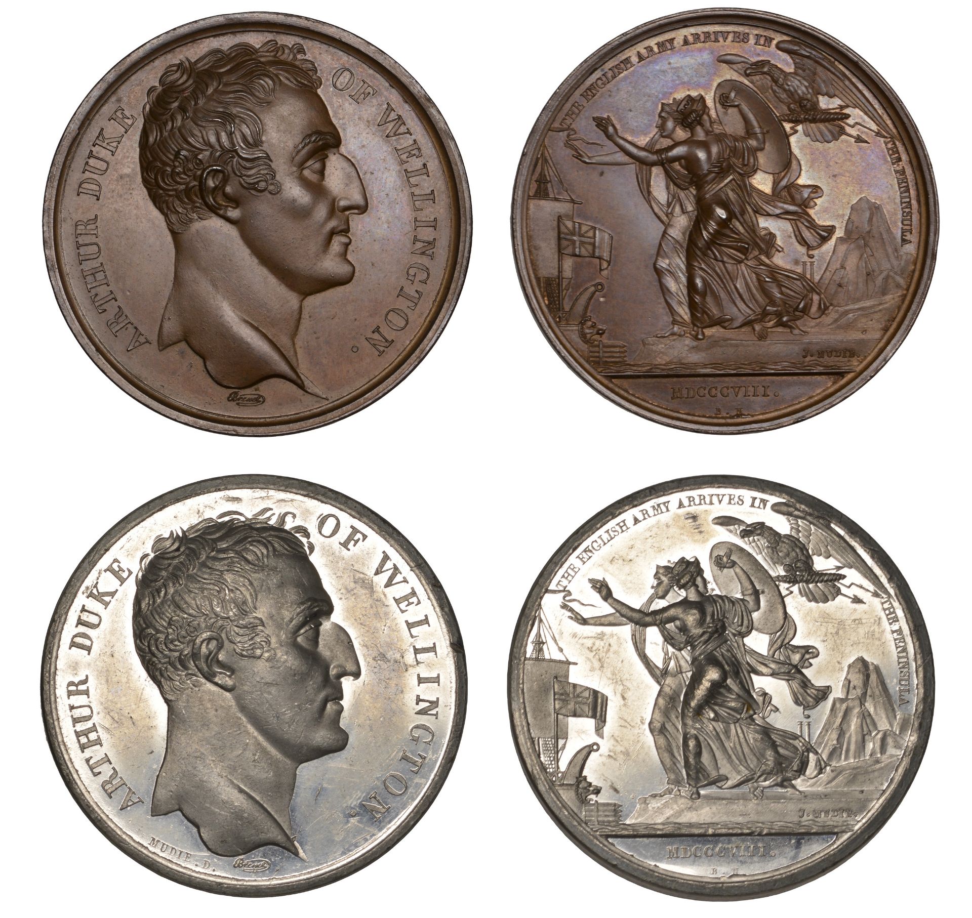 English Army Arrives in the Peninsula, 1808, white metal and copper medals by N. Brenet for...