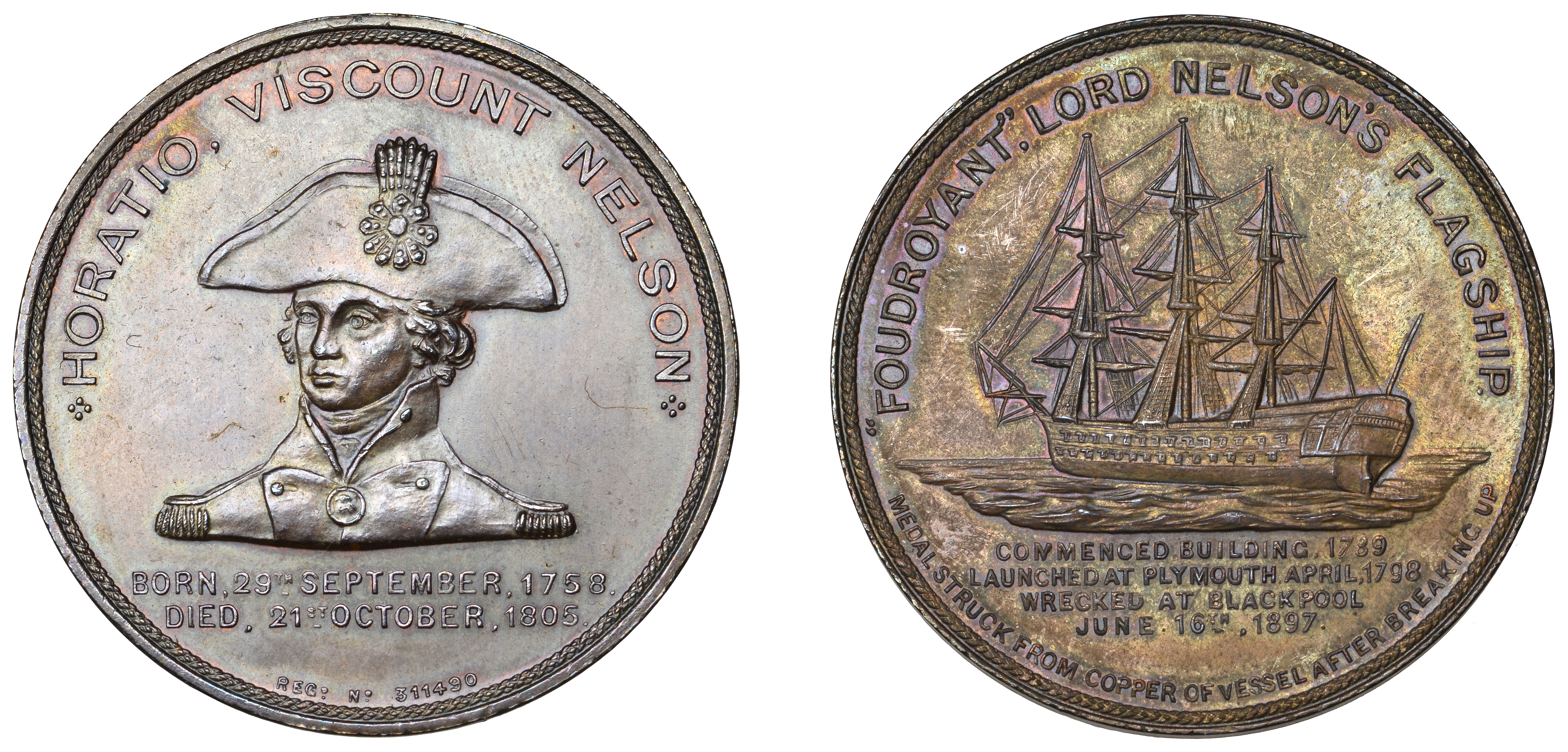 HMS Foudroyant Wrecked, 1897, a bronze medal, unsigned, bust of Lord Nelson facing, rev. vie...