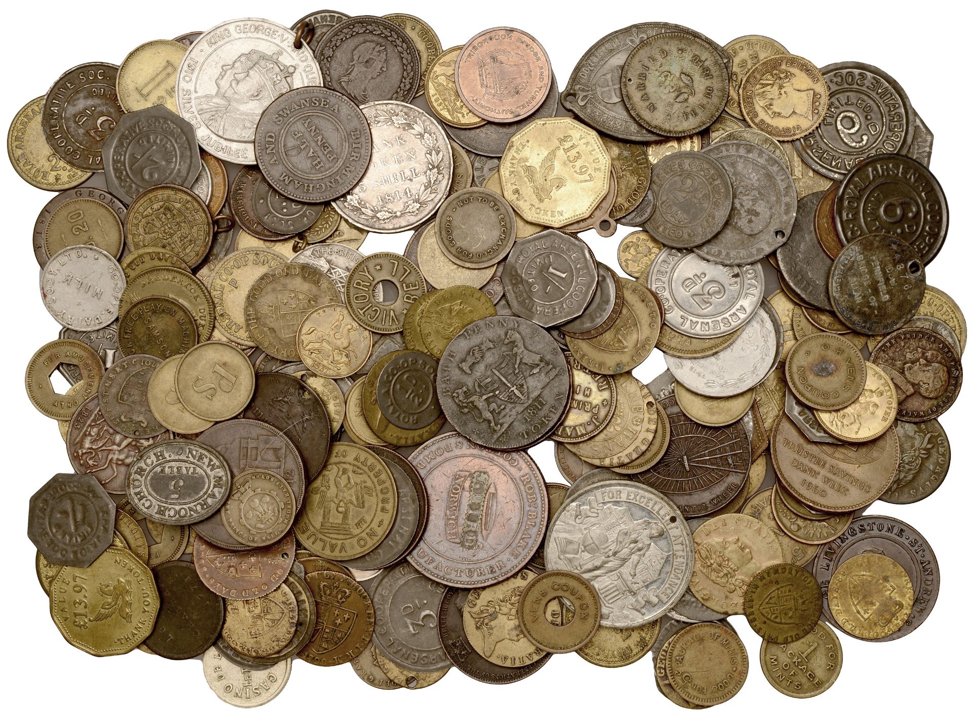 Miscellaneous British and World coins, tokens, checks, medals, etc (c. 200), mostly base met...