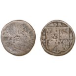 James I, c. 1610, a base-metal cast uniface medallion, Royal arms on shield, i r above, rose...