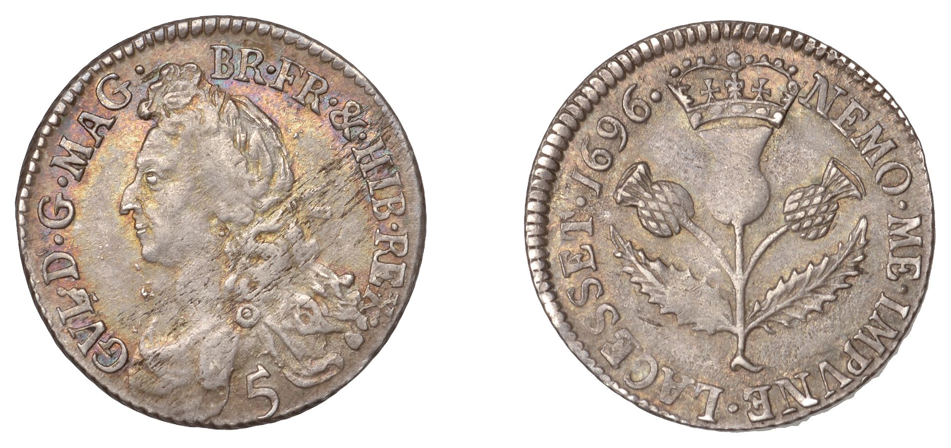 Scotland, William II, Five Shillings, type I, 1696, reads gvl Â·, stop before date, 2.28g/12h...