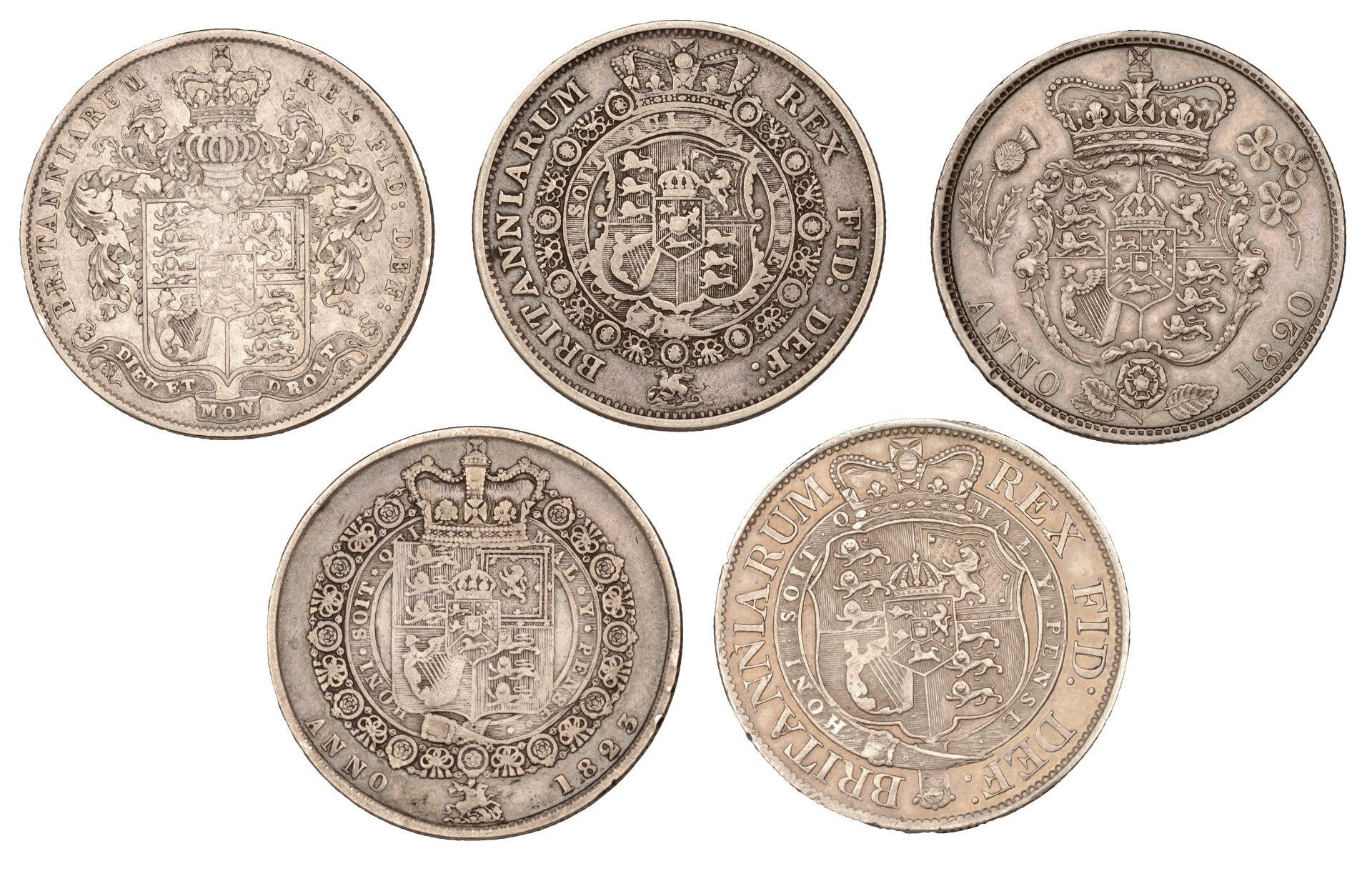 George III, Halfcrowns (2), 1816, 1819 (S 3788-9); George IV, Halfcrowns (3), 1820, 1823, 18... - Bild 2 aus 2