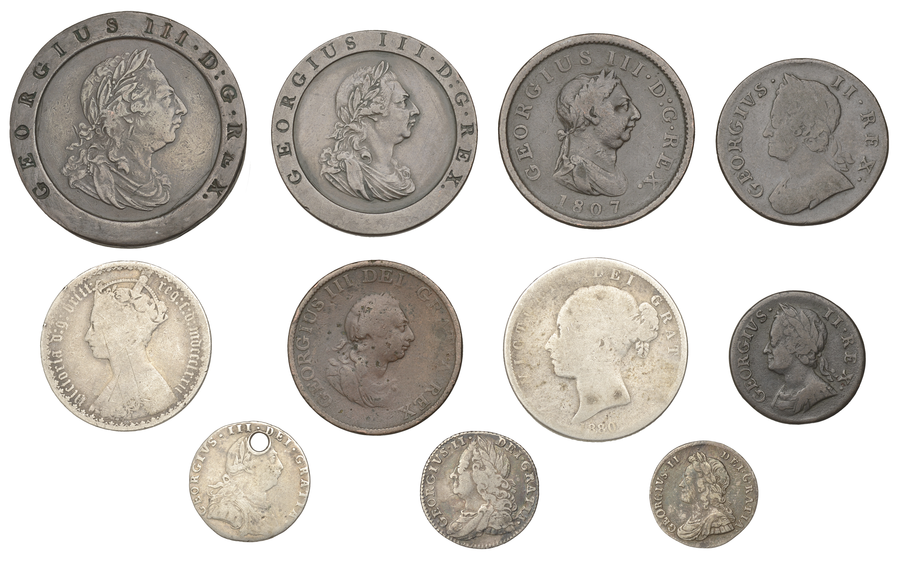 British coins, in silver (5), base metal (6) [11]. Varied state, one holed Â£50-Â£70