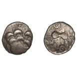 British Iron Age, BELGAE, Uninscribed series, silver Unit, Hayling moon head type, head righ...