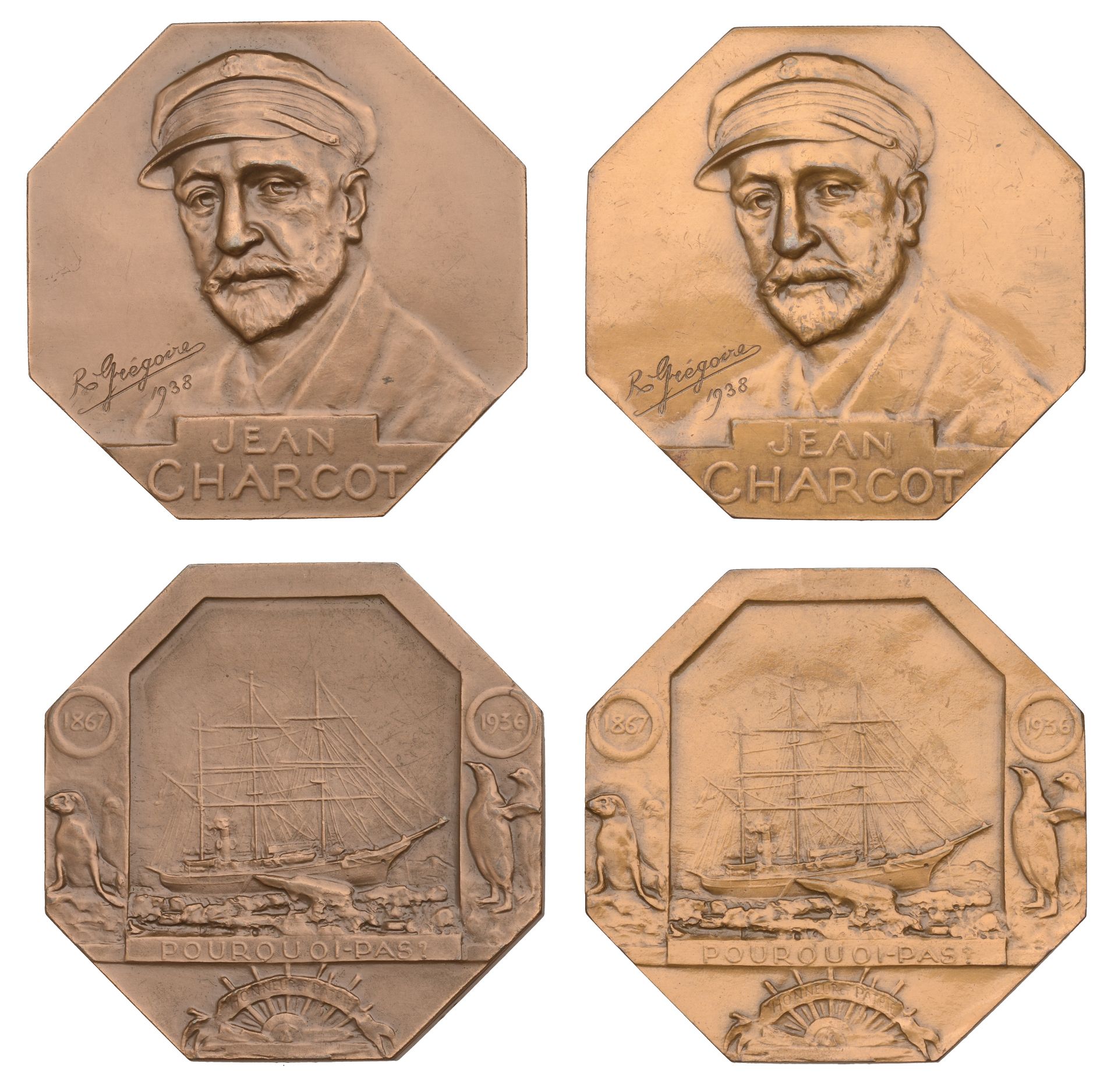 FRANCE, Jean Charcot, [1938, originals struck 1942], octagonal bronze medals by R. GrÃ©goire,...