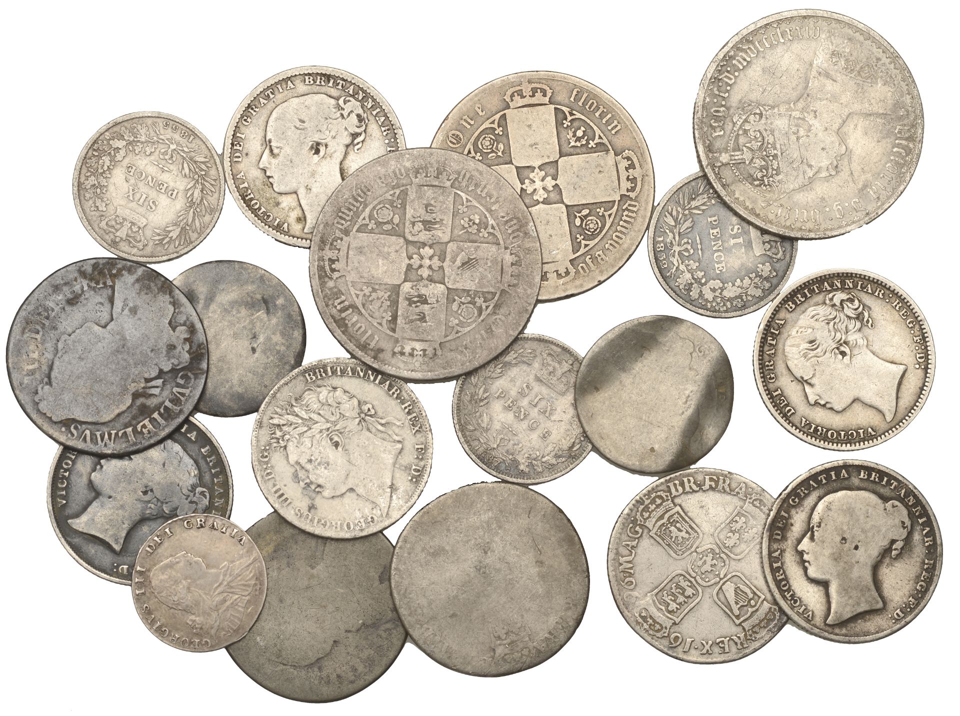 George III, Threepence, 1795 (S 3755); Victoria, Shillings (2), 1856, i of dei with broken s...