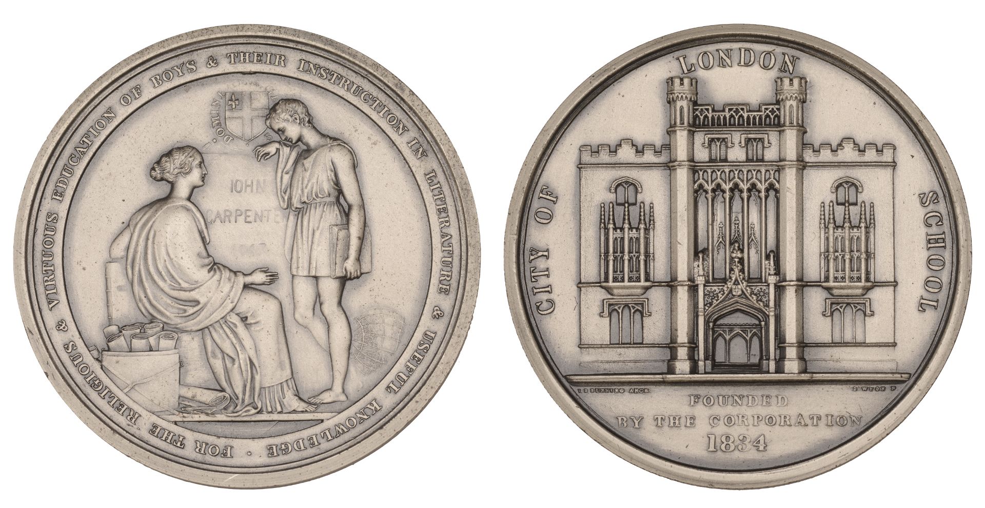 City of London School, (Founded 1834), a silver prize medal by B. Wyon, faÃ§ade of building,...