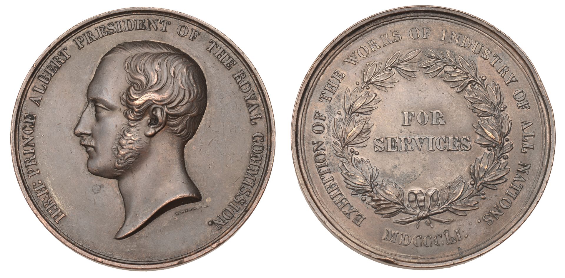 Great Exhibition, Hyde Park, 1851, For Services, a copper award medal by W. Wyon, bare head...