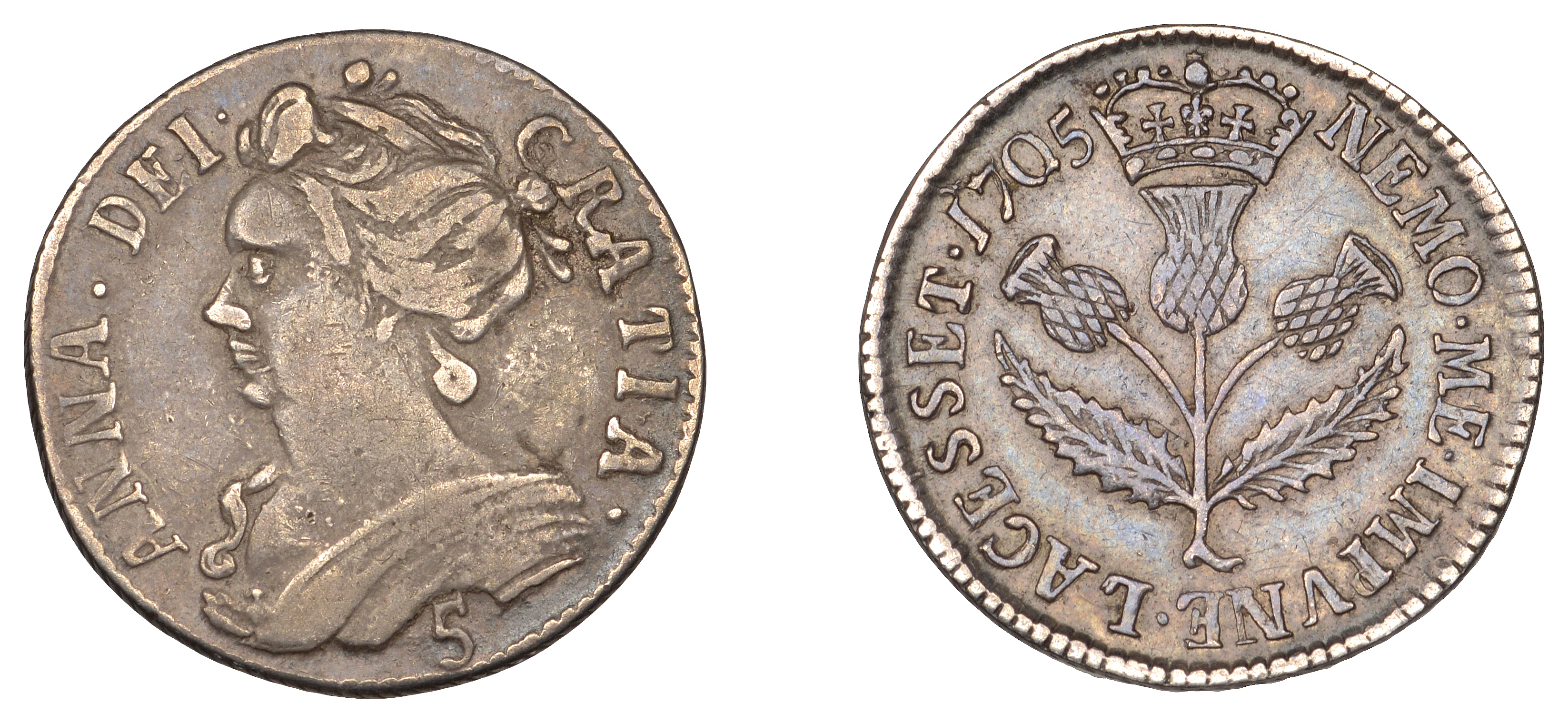 Scotland, Anne, Five Shillings, 1705, reads anna Â· dei Â· gratia Â·, 2.35g/12h (SCBI 35, 1784-...