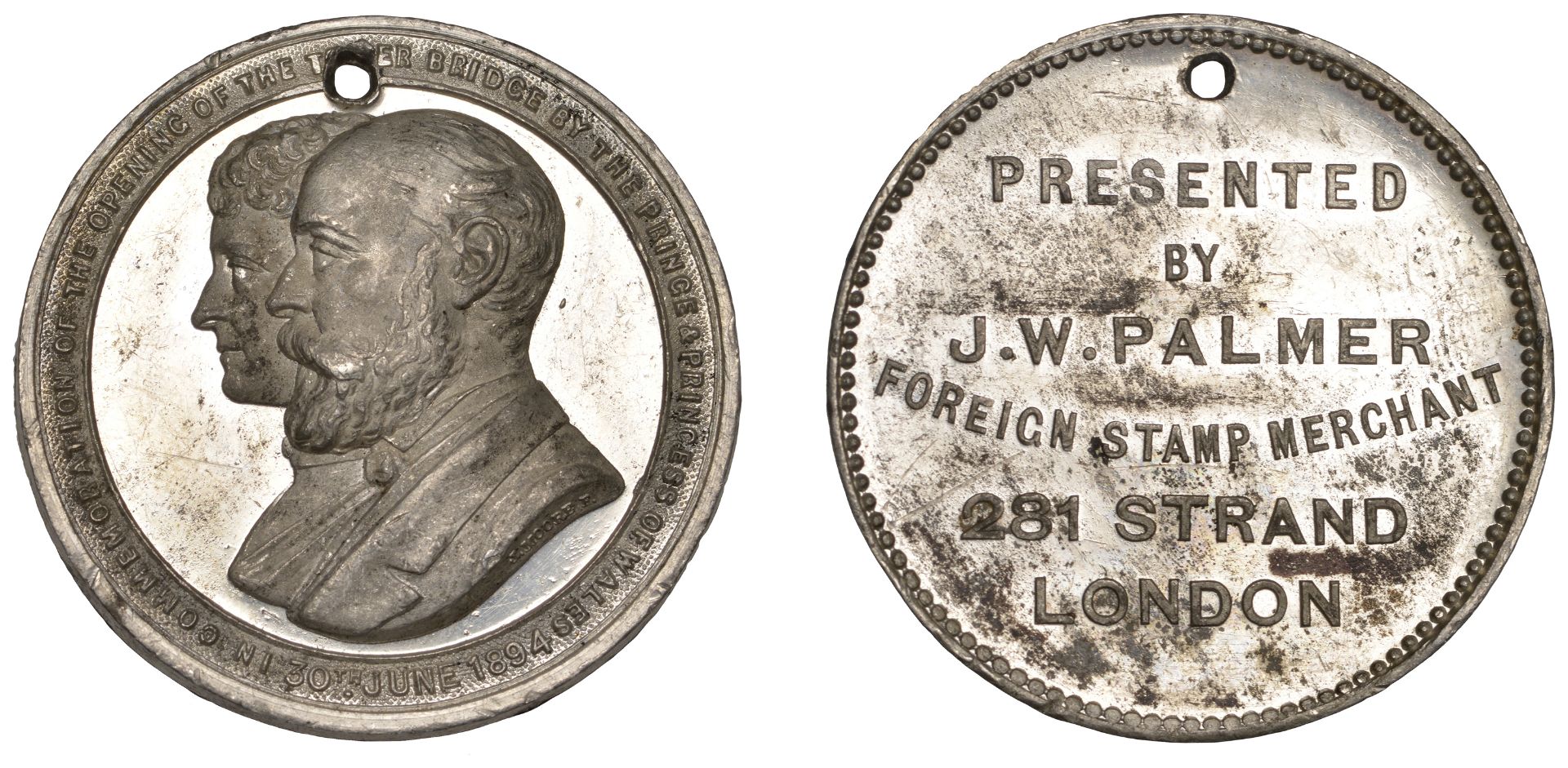Opening of Tower Bridge, 1894, J.W. Palmer, a white metal medal by J. Moore, conjoined busts...