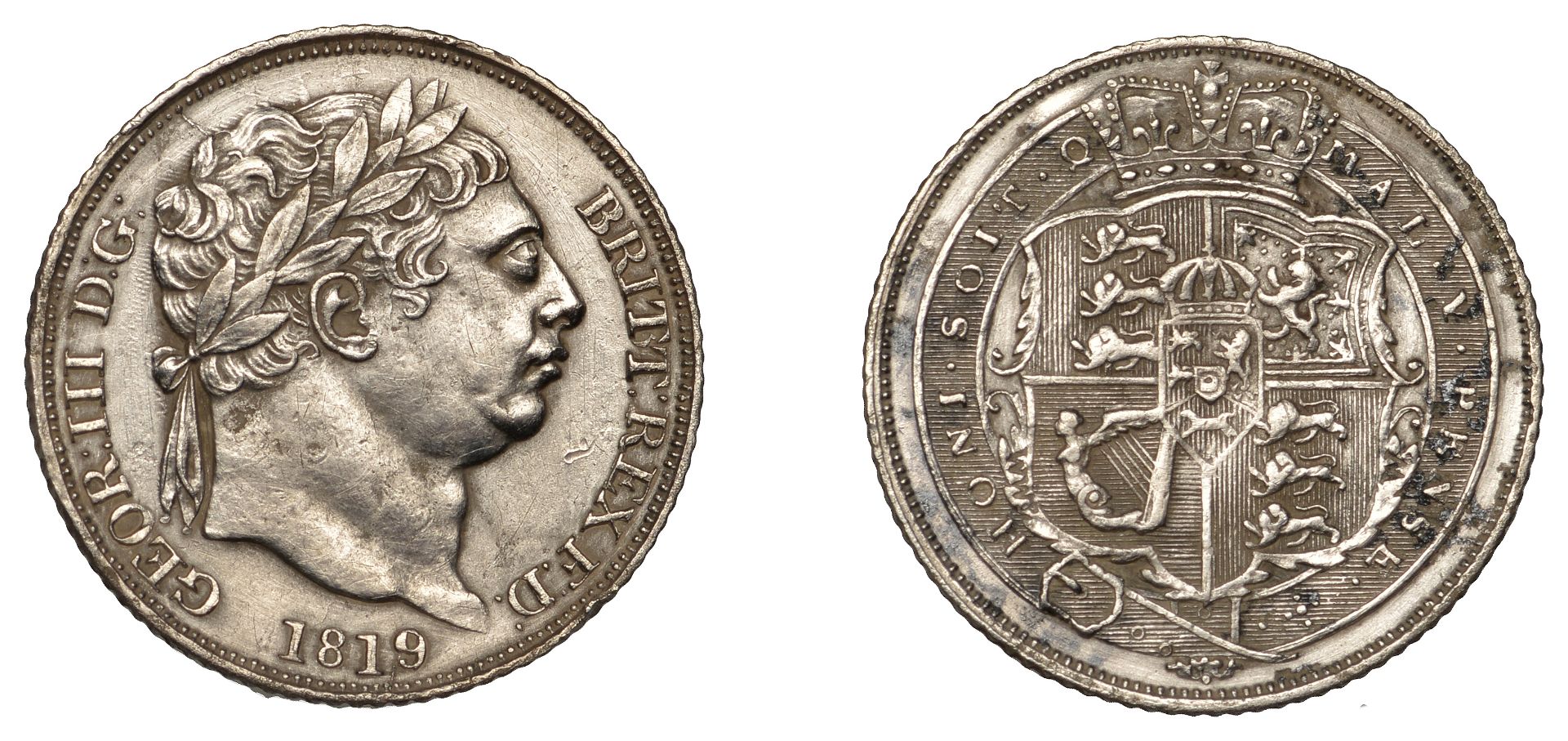 George III (1760-1820), New coinage, Sixpence, 1819/8, first t in britt over b, broken es in...