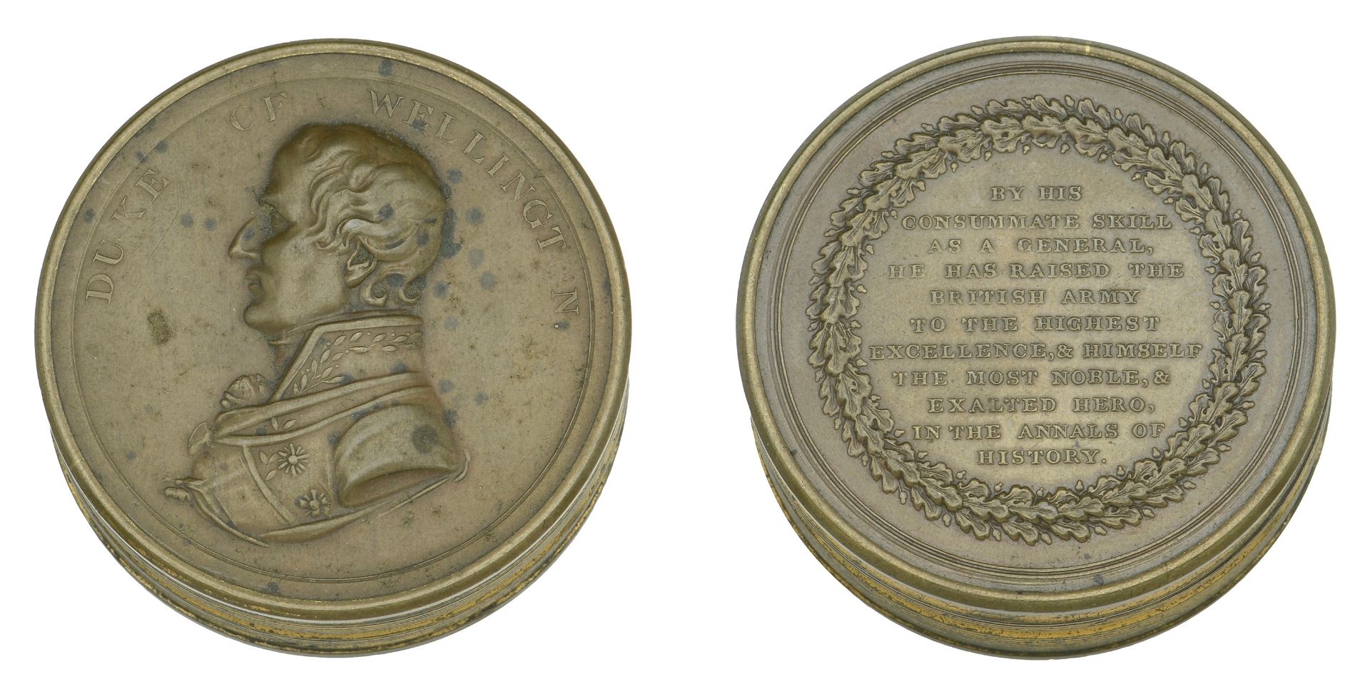 British Battles, [1815], a copper box medal, unsigned, uniformed bust left, rev. legend with...