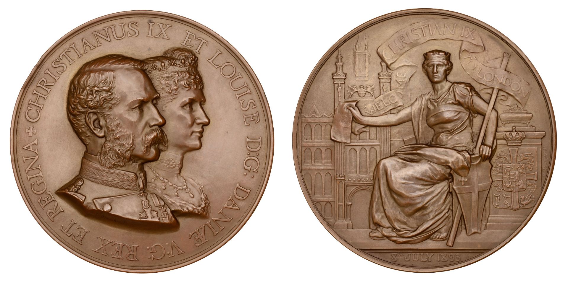 Visit of Christian IX and Louise of Denmark to the City of London, 1893, a light bronze meda...