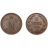Finland, Nicholas II, 10 Pennia, 1909 (Bit. 432; KM 14). About extremely fine with traces of...