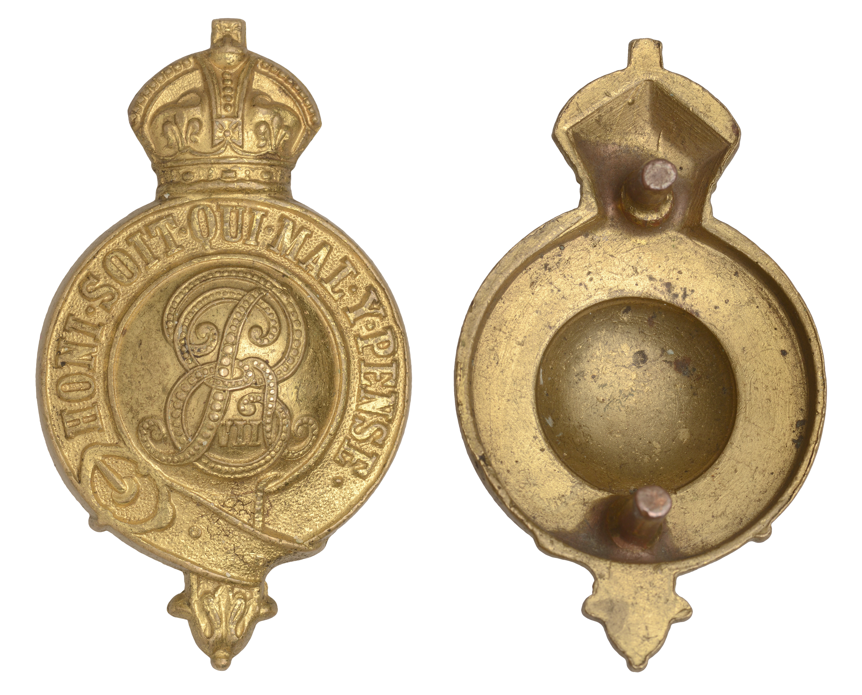 New Zealand Mounted Rifle Volunteers, a brass bridle boss, motto in garter, cipher in centre...