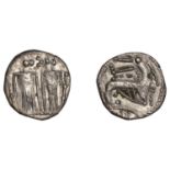 Early Anglo-Saxon Period, Sceatta, Series N, type 41a/b, two standing figures with elongated...