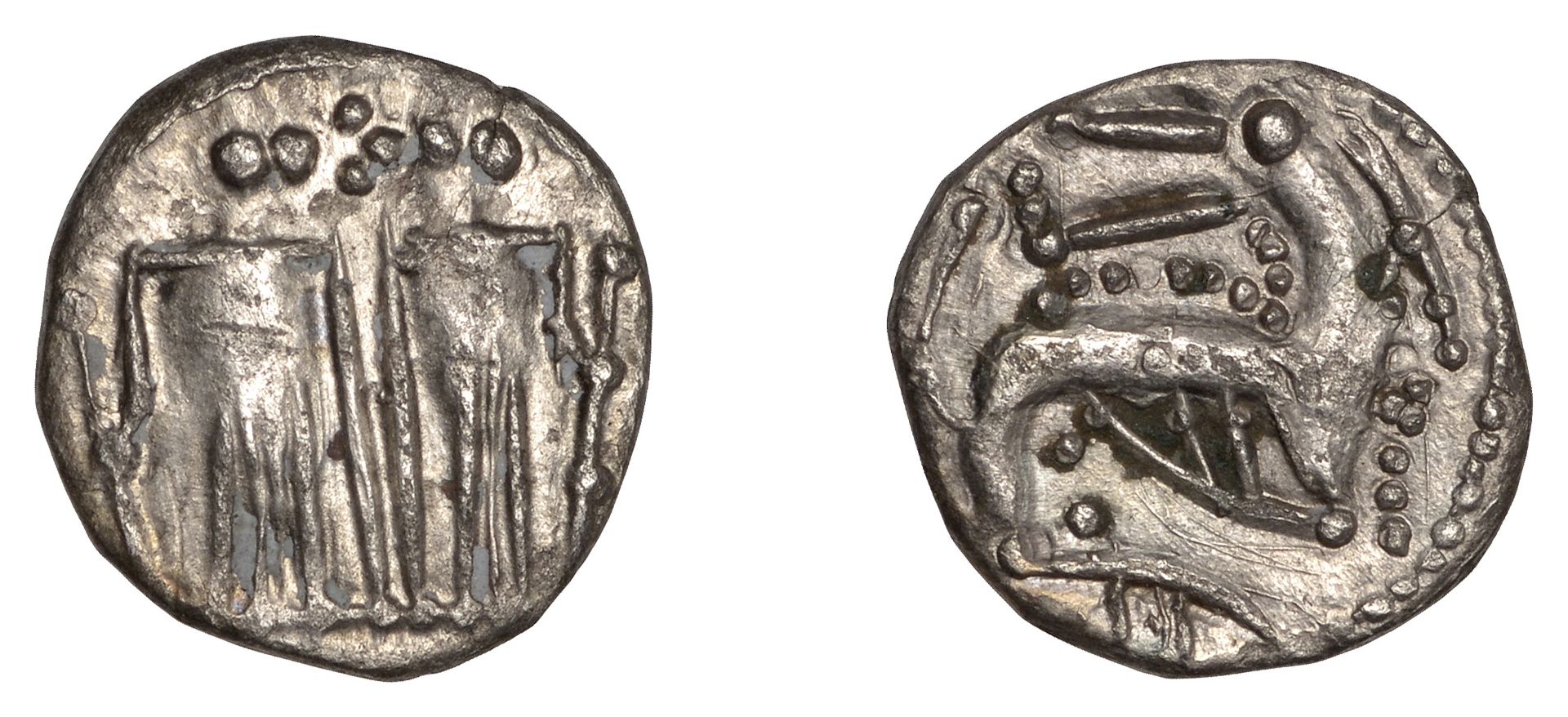 Early Anglo-Saxon Period, Sceatta, Series N, type 41a/b, two standing figures with elongated...