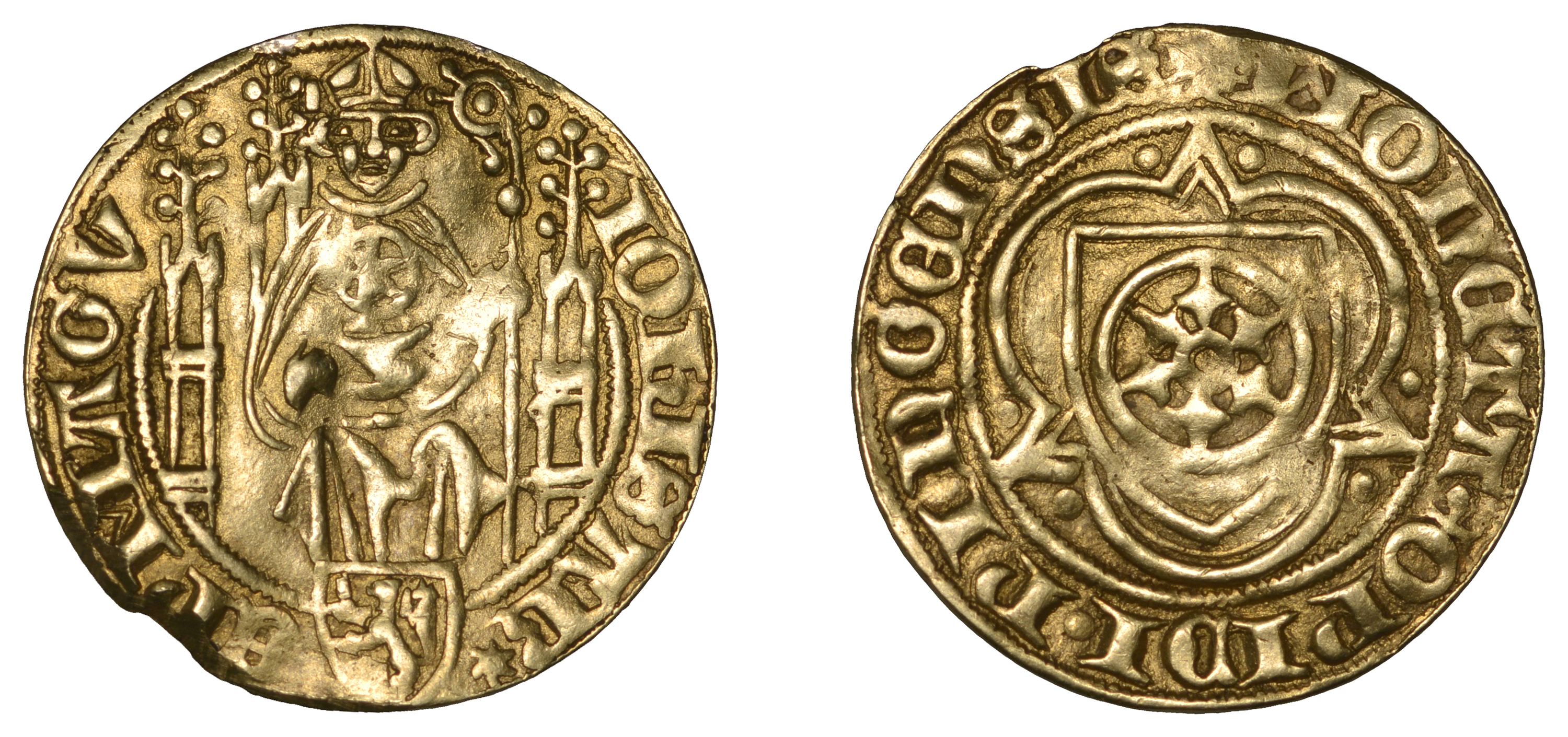 Germany, MAINZ, Johann II von Nassau, Goldgulden, c. 1404-9, Bingen, seated Archbishop, rev....