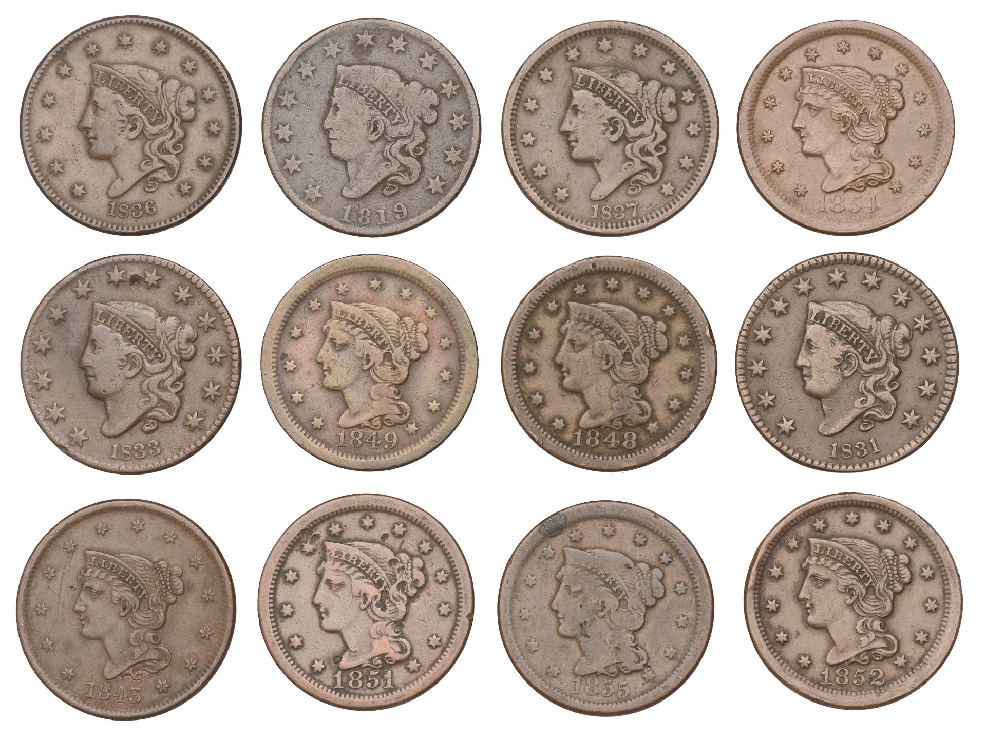 United States of America, Large Cents (12), 1819, 1831, 1833, 1836, 1837, 1843, 1848, 1849,...
