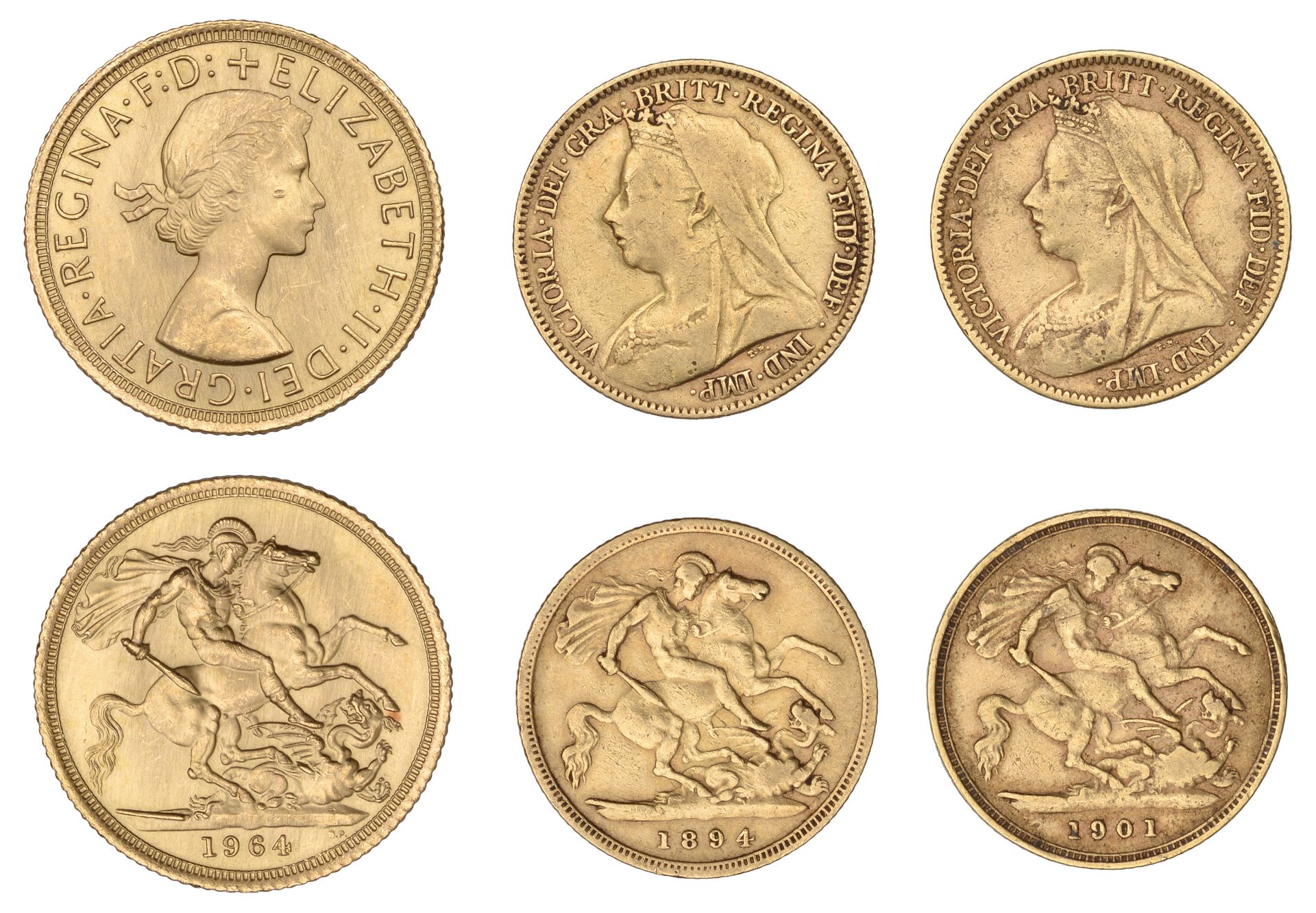 Victoria, Half-Sovereigns (2), 1894, 1901; Elizabeth II, Sovereign, 1964 [3]. Varied state...