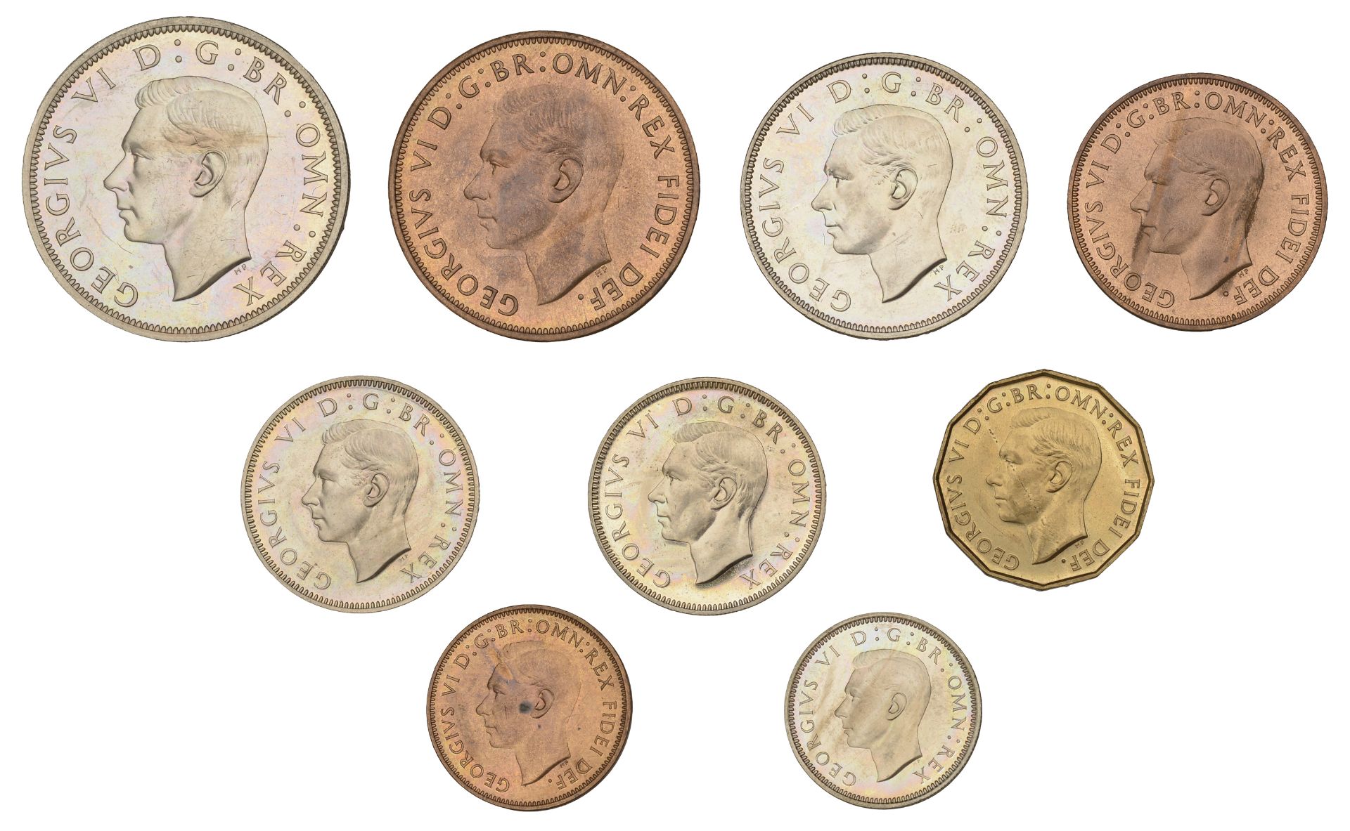 George VI (1936-1952), Proof set, 1950, comprising Halfcrown to Farthing [9]. Some light tar...