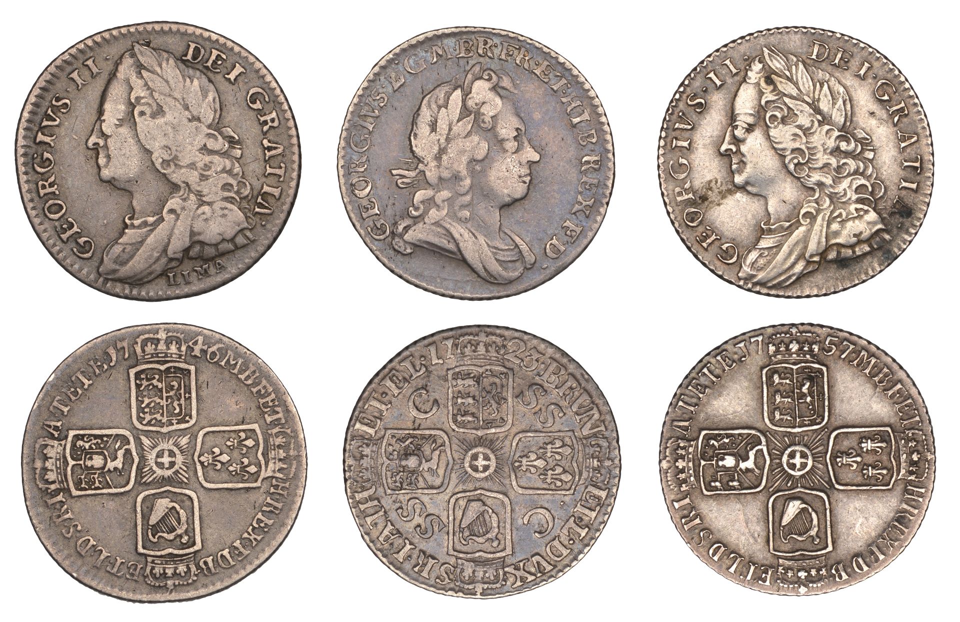 George I, Sixpence, 1723 ss c (S 3652); George II, Sixpences (2), 1746 lima, 1757 (S 3710A,...