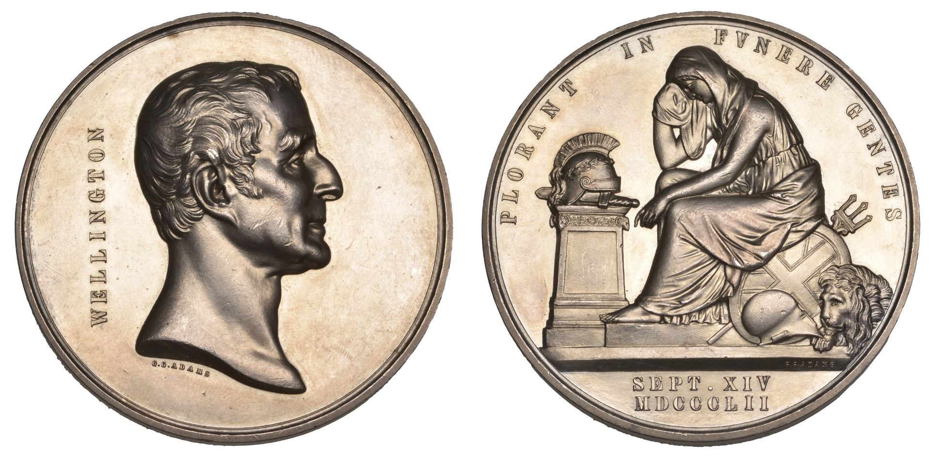 Death of the Duke of Wellington, 1852, a silver medal by G.G. Adams, bare head right, rev. m...