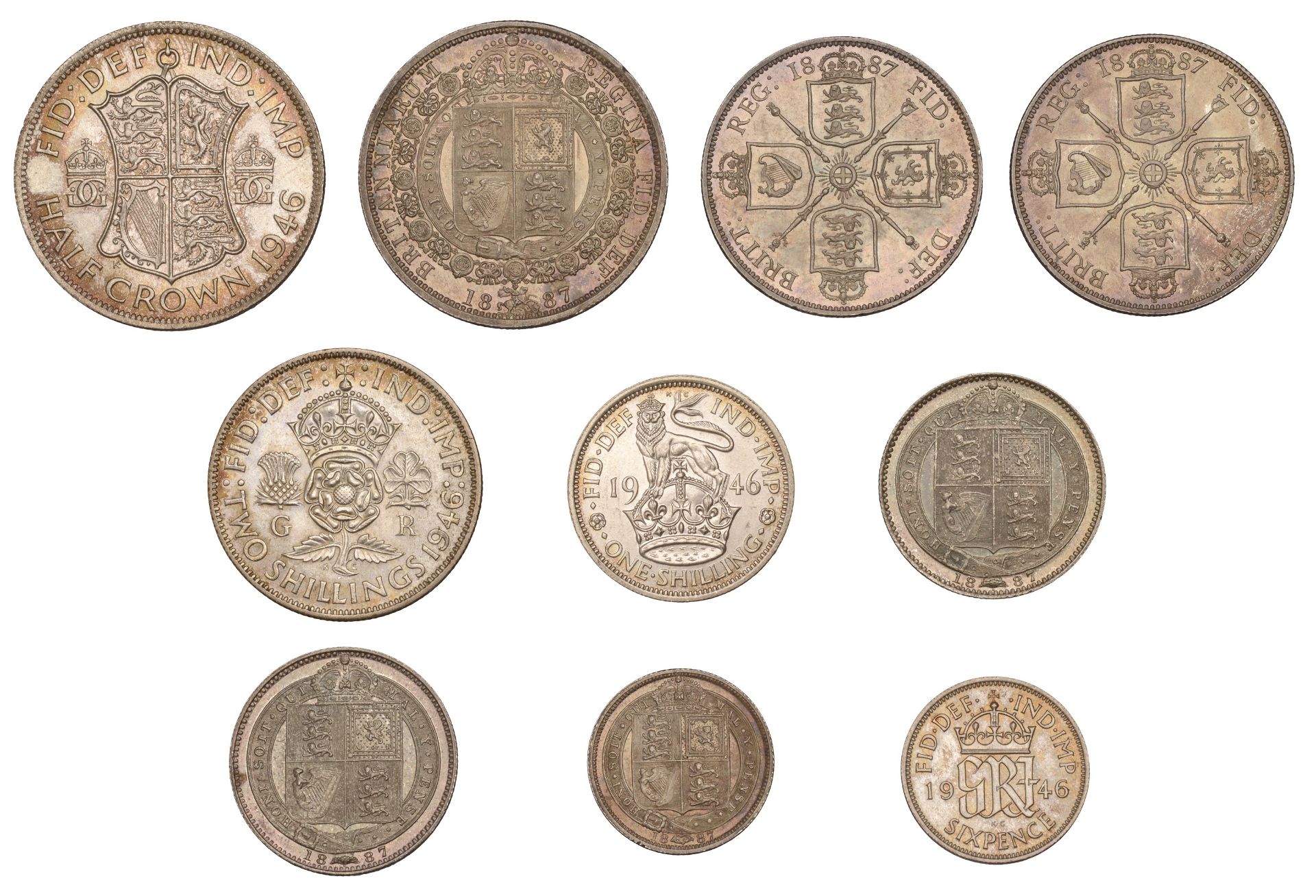 Victoria and George VI, Halfcrowns (2), 1887, 1946, Florins (3), 1887 (2), 1946, Shillings (... - Bild 2 aus 2