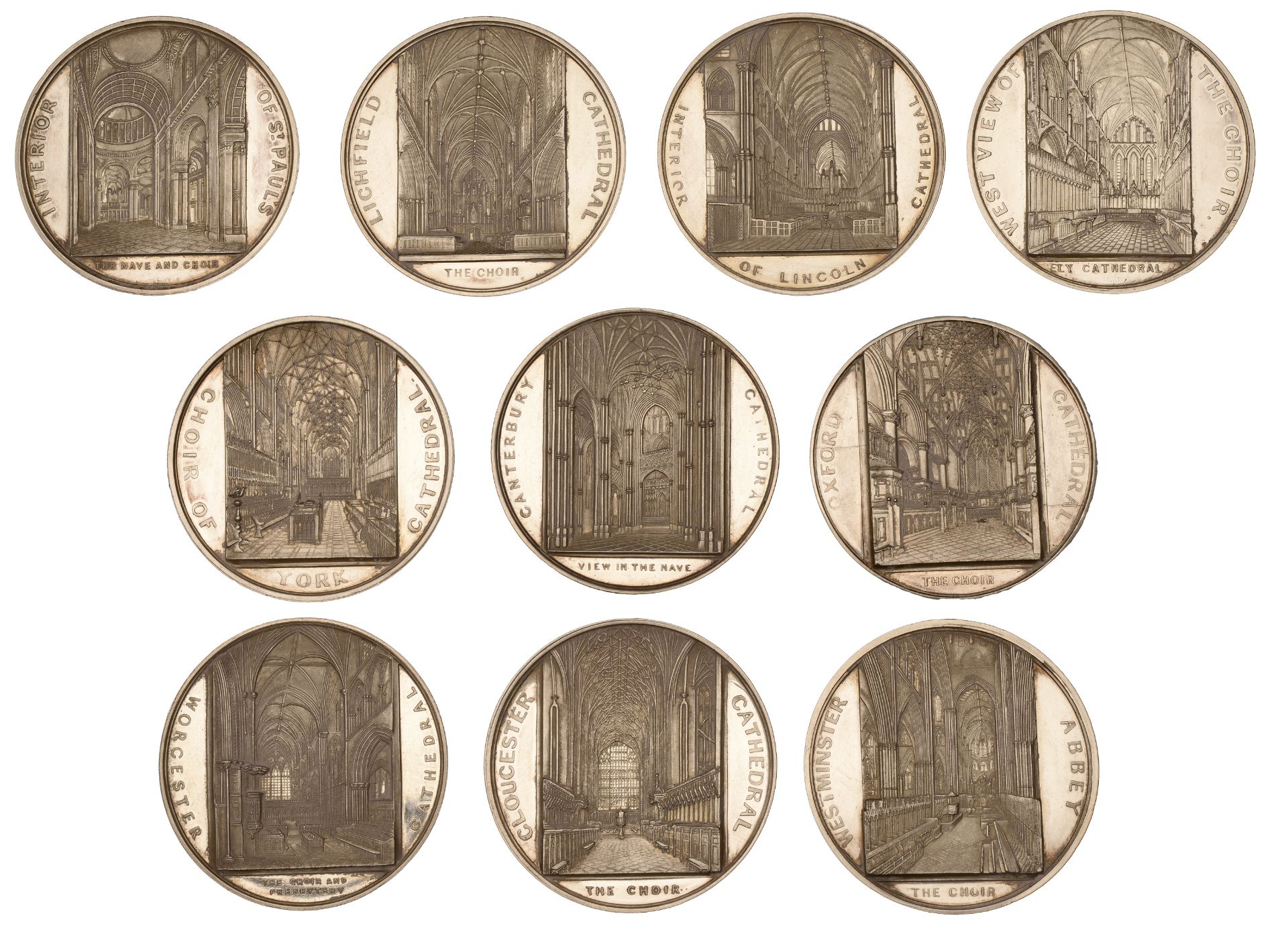 A set of ten silver architectural medals by Fattorini, c. 1975, from original dies by J. Dav...