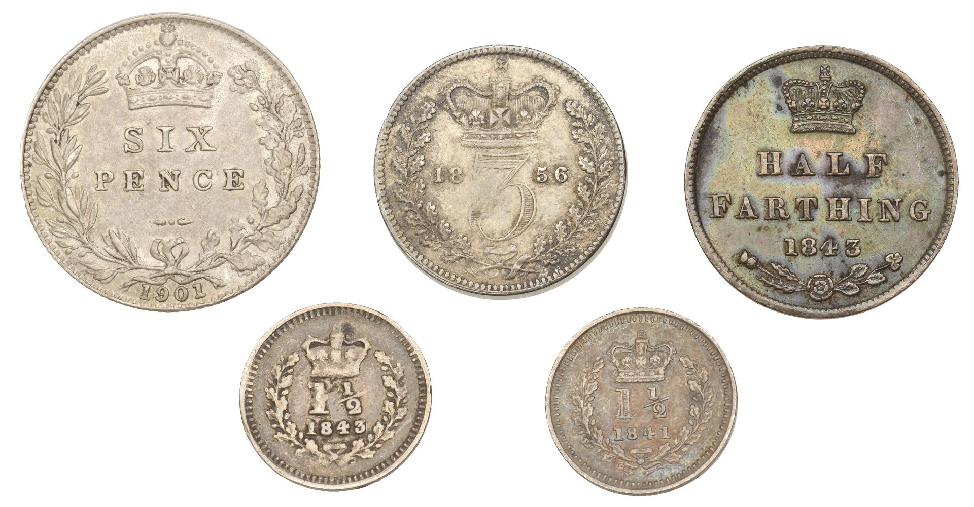 Victoria, Sixpence, 1901, Threepence, 1856, Threehalfpence (2), 1841, 1843, Half-Farthing, 1... - Bild 2 aus 2