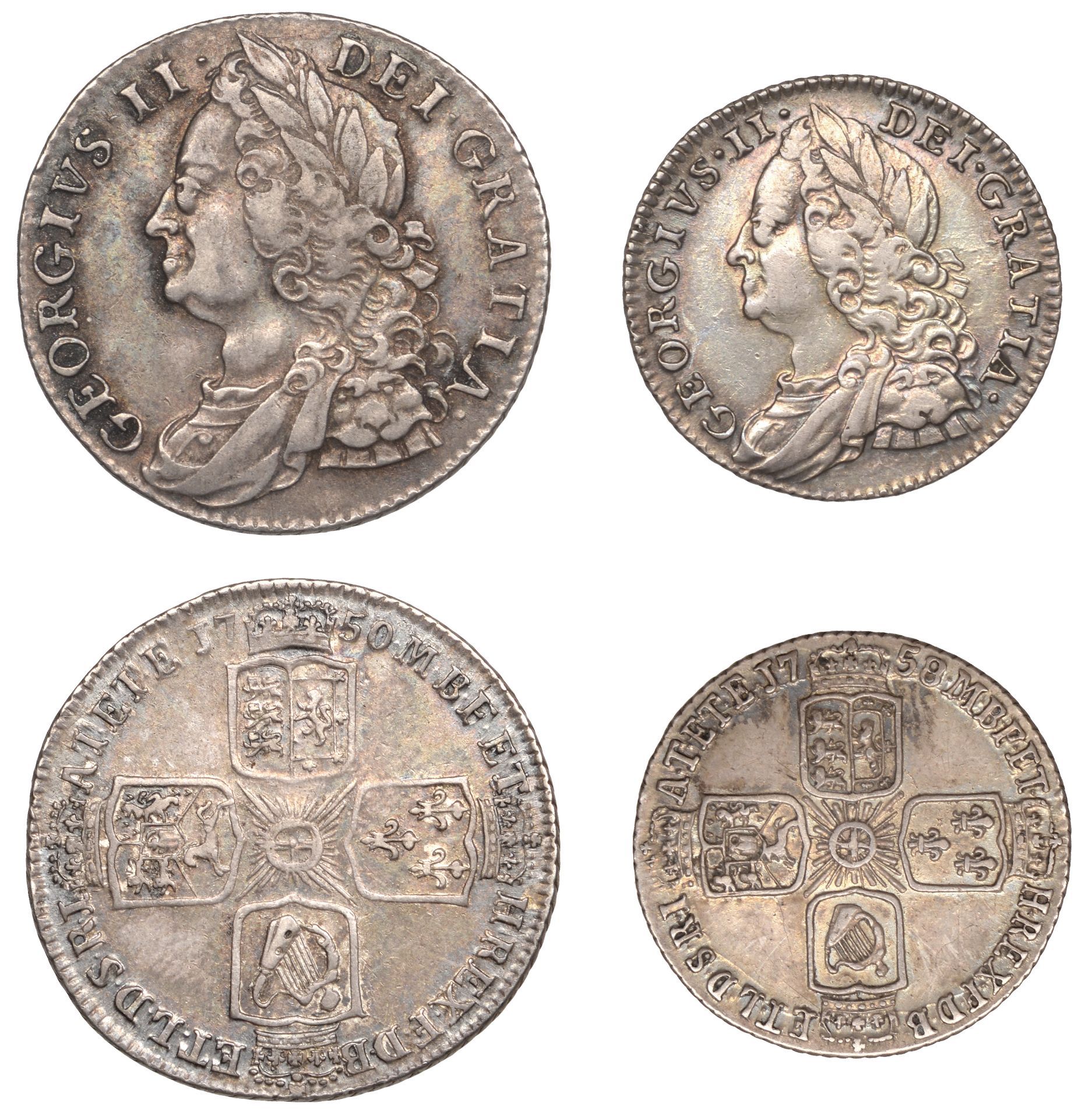 George II, Shilling, 1750, Sixpence, 1758 (ESC 1729, 1763; S 3704, 3711) [2]. Good very fine...