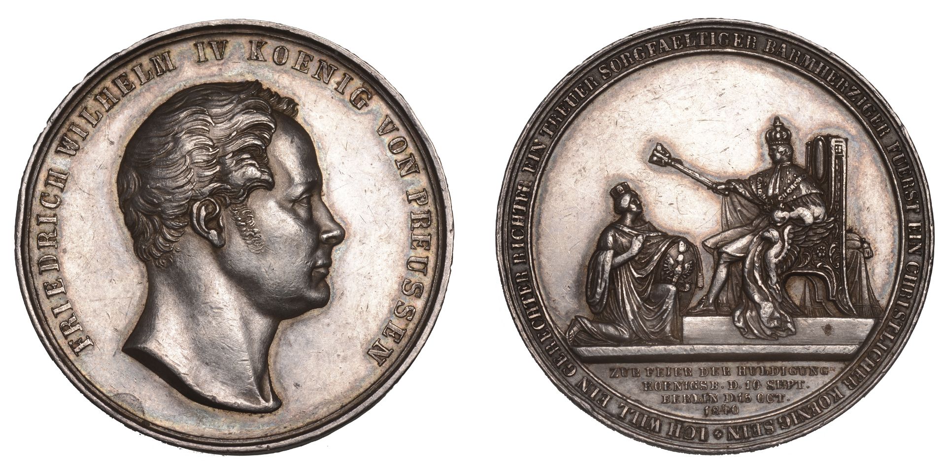 PRUSSIA, Oath-Taking at KÃ¶nigsberg and Berlin, 1840, a silver medal by H. Lorenz, bust of Fr...