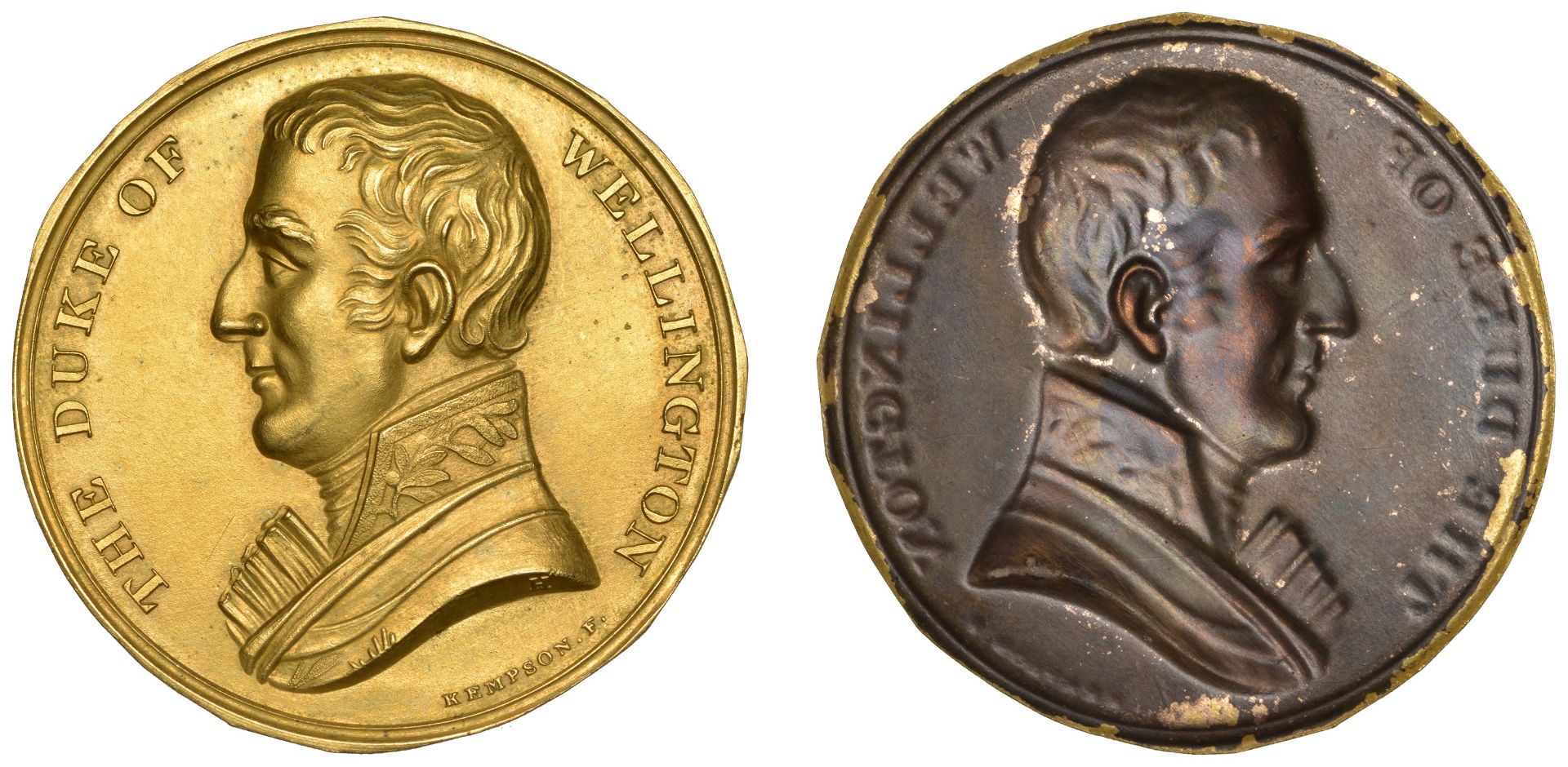 Battle of Waterloo, [1815], a gilt-copper clichÃ© of the obv. of the medal by J.G. Hancock &...
