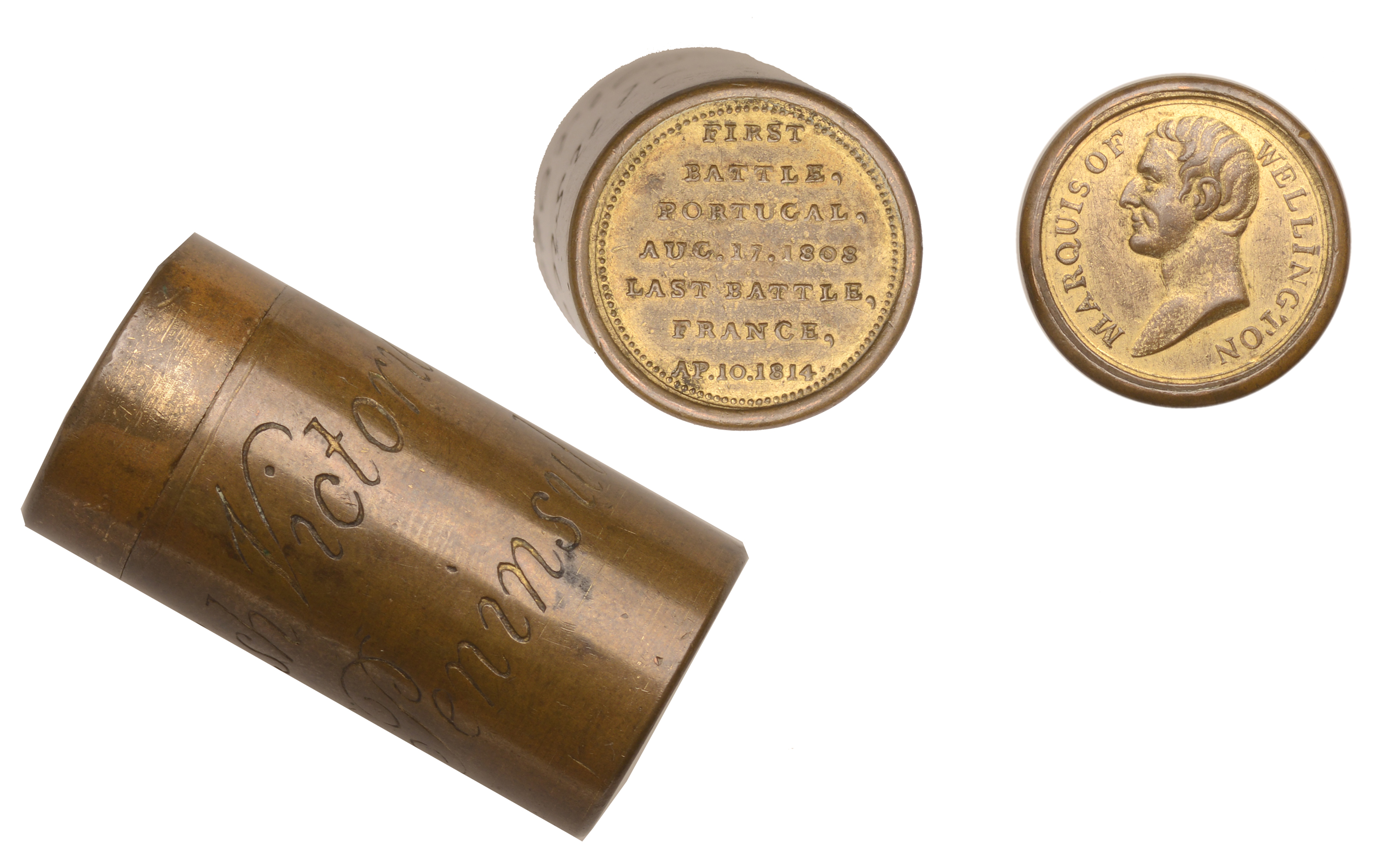 British Battles, 1815, a tubular brass box medal by E. Thomason inscribed 'British Victories... - Image 2 of 2